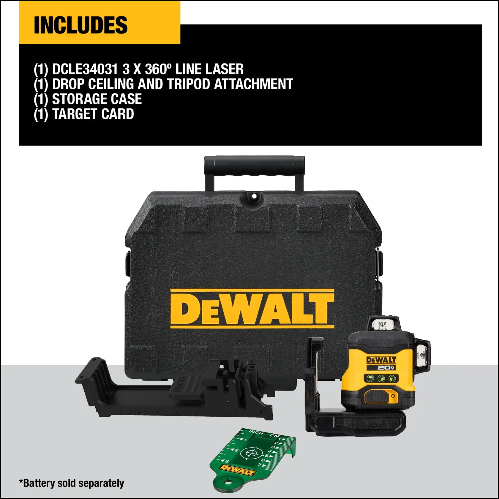 DEWALT 3 x 360° line laser kit, including the DCLE34031 laser, drop ceiling and tripod attachment, storage case, and target card. Battery is sold separately. The items are displayed in front of a black carrying case with DEWALT branding.