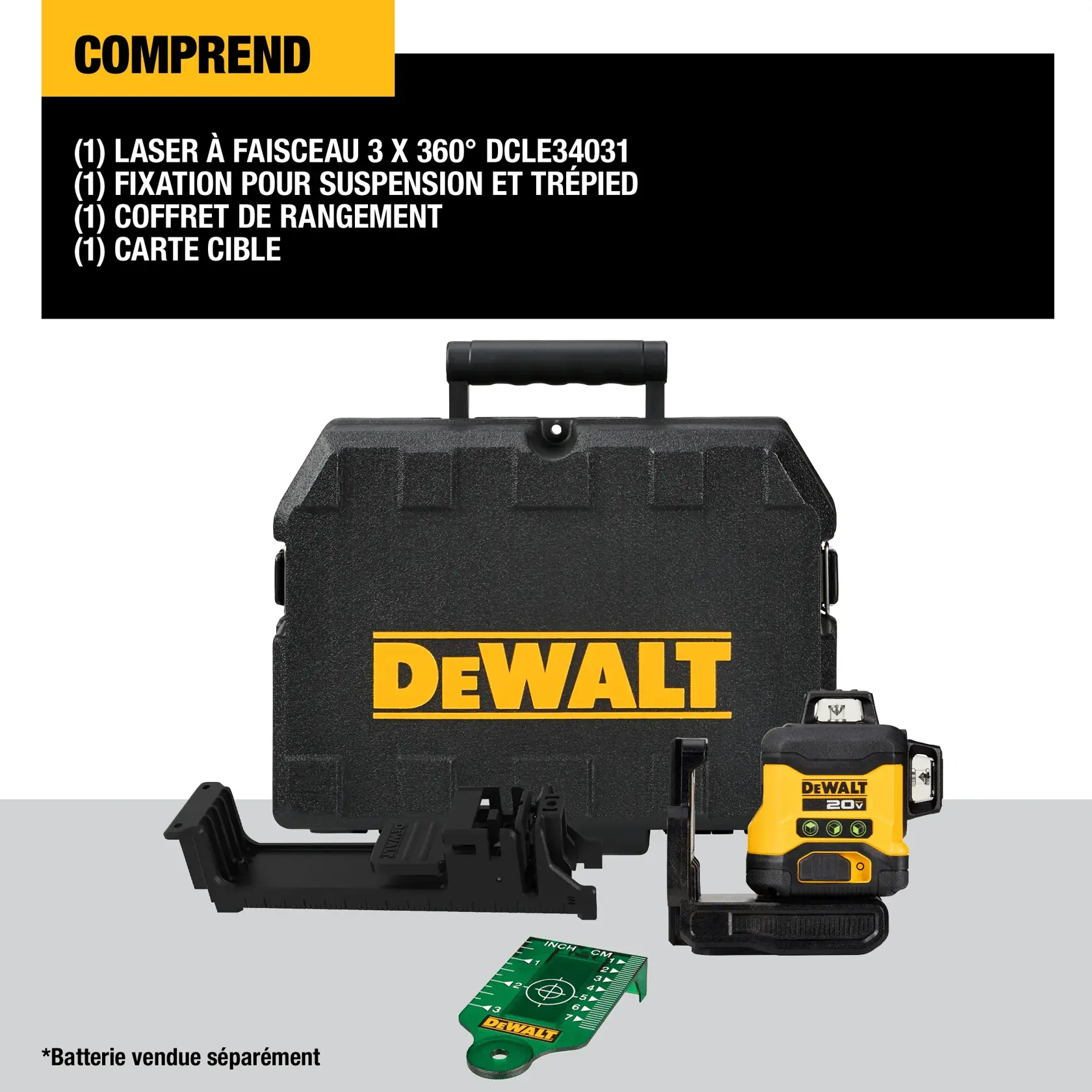 DEWALT 3 x 360° line laser kit, including the DCLE34031 laser, drop ceiling and tripod attachment, storage case, and target card. Battery is sold separately. The items are displayed in front of a black carrying case with DEWALT branding.