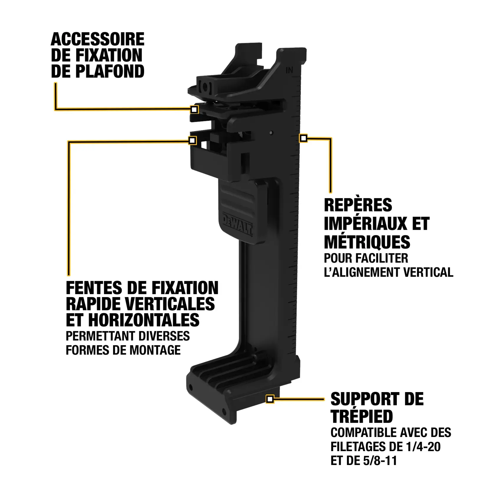 DEWALT 20V laser level tool with green lasers mounted on a tripod, shown in an unfinished construction space. Highlighted text indicates 'Precision at a distance', '130ft. visibility; 330ft. with detector', and an accuracy of ±1/8 inch at 30 feet.