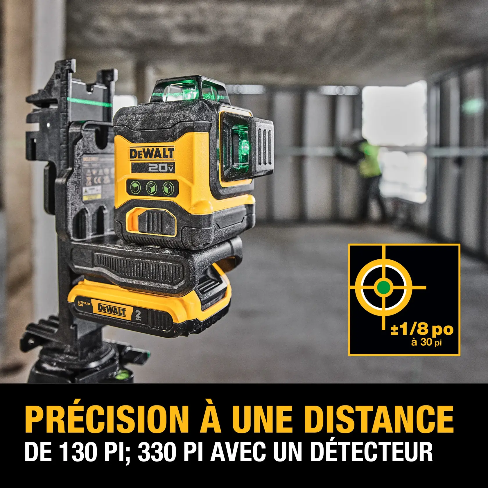 A DEWALT 20V laser level sits on a construction floor, emitting three bright green 360-degree laser lines for layout work. Text overlay reads 'Application Versatility with 3 x 360 Green Lasers.' The battery is noted as sold separately.