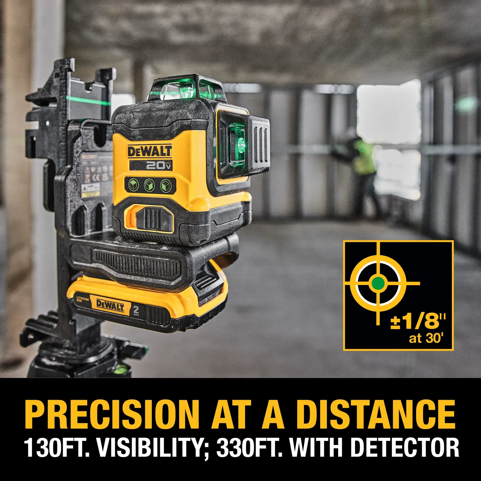 A DEWALT 20V green laser level is mounted on a tripod inside a construction site. The product advertises 130 ft visibility and 330 ft visibility with a detector. A diagram highlights its precision of plus or minus 1/8 inch at 30 feet. A worker is blurred in the background.