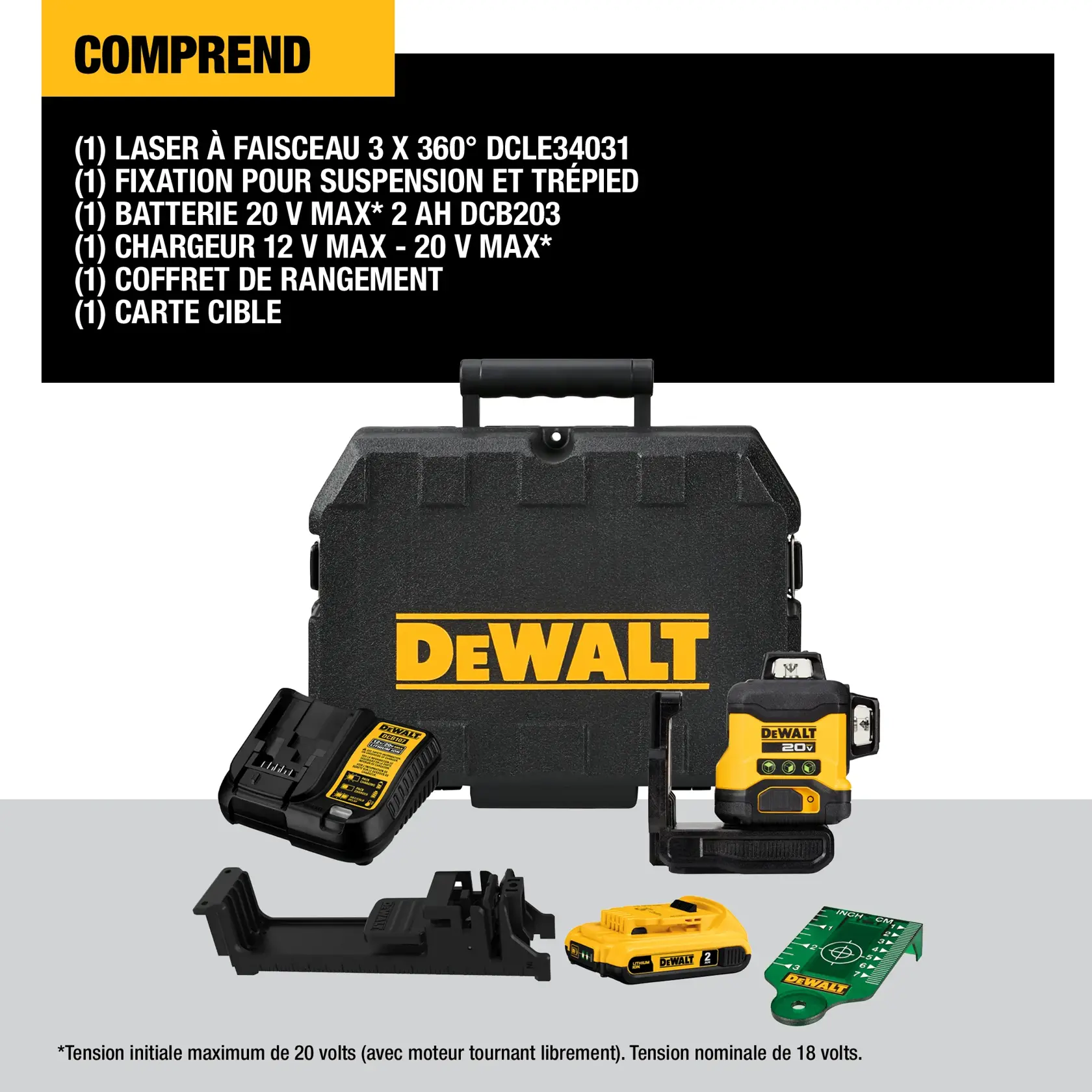 Image showing the contents of the DEWALT DCLE34031D1 kit, which includes a 3 x 360° line laser, drop ceiling and tripod attachment, 20V MAX 2Ah battery, 12V/20V MAX charger, storage case, and target card. All items are displayed on a white and gray background, with a black DEWALT-branded storage case in the center.