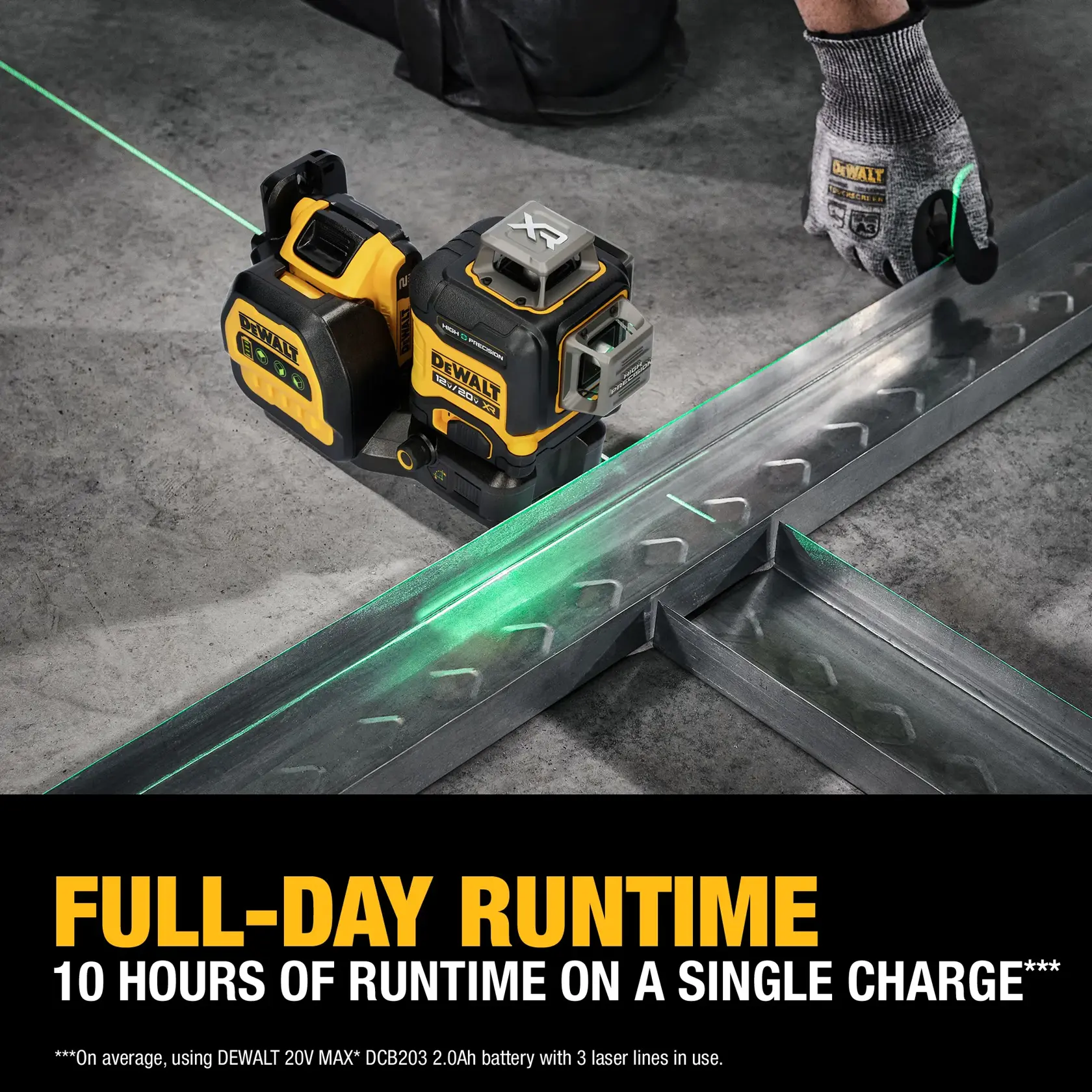 A DEWALT 20V MAX laser level tool is shown projecting green laser lines onto metal framing pieces on a concrete floor, with a gloved hand making adjustments. The text on the image highlights 'FULL-DAY RUNTIME' and '10 HOURS OF RUNTIME ON A SINGLE CHARGE.'