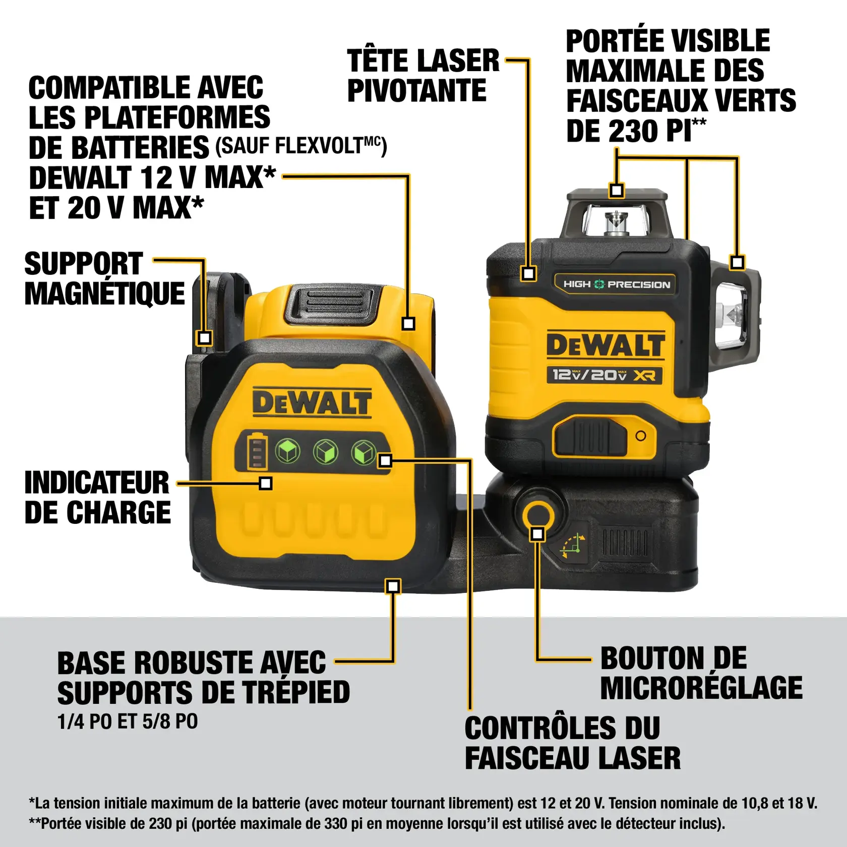 A DEWALT 20V MAX green laser level placed on a concrete floor, projecting bright green laser lines to mark metal framing pieces. A gloved hand is adjusting the steel frames. The image highlights the product's battery, promising 10 hours of runtime on a single charge.