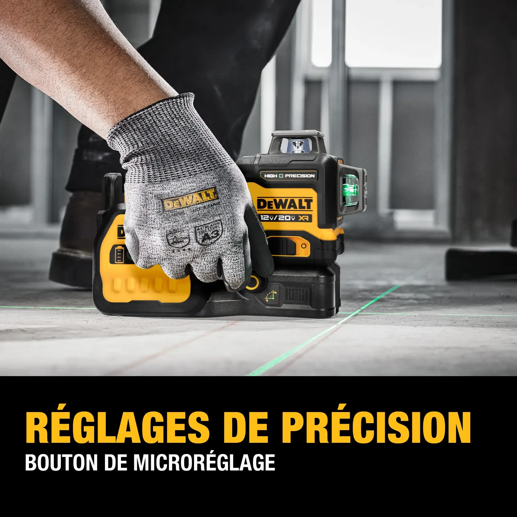 A DEWALT 20V MAX laser level tool is shown projecting green laser lines onto metal framing pieces on a concrete floor, with a gloved hand making adjustments. The text on the image highlights 'FULL-DAY RUNTIME' and '10 HOURS OF RUNTIME ON A SINGLE CHARGE.'