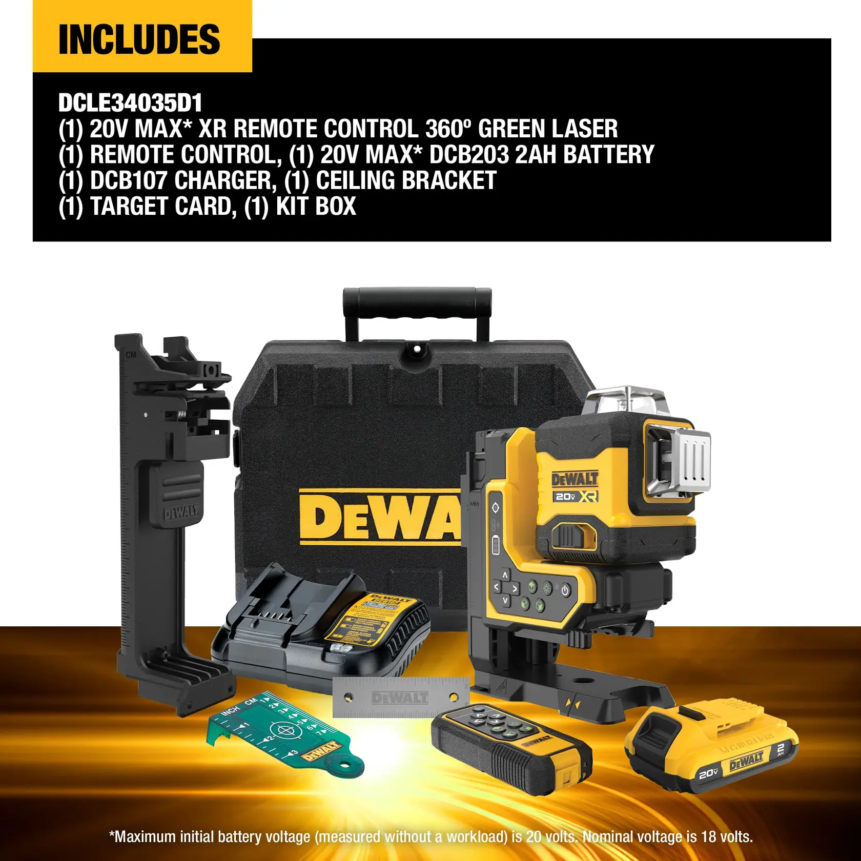 DEWALT DCLE34035D1 kit contents shown, including: 20V MAX XR remote control 360-degree green laser, remote control, 20V MAX DCB203 2Ah battery, DCB107 charger, ceiling bracket, target card, and kit box. All items are arranged in front of the DEWALT-branded case.