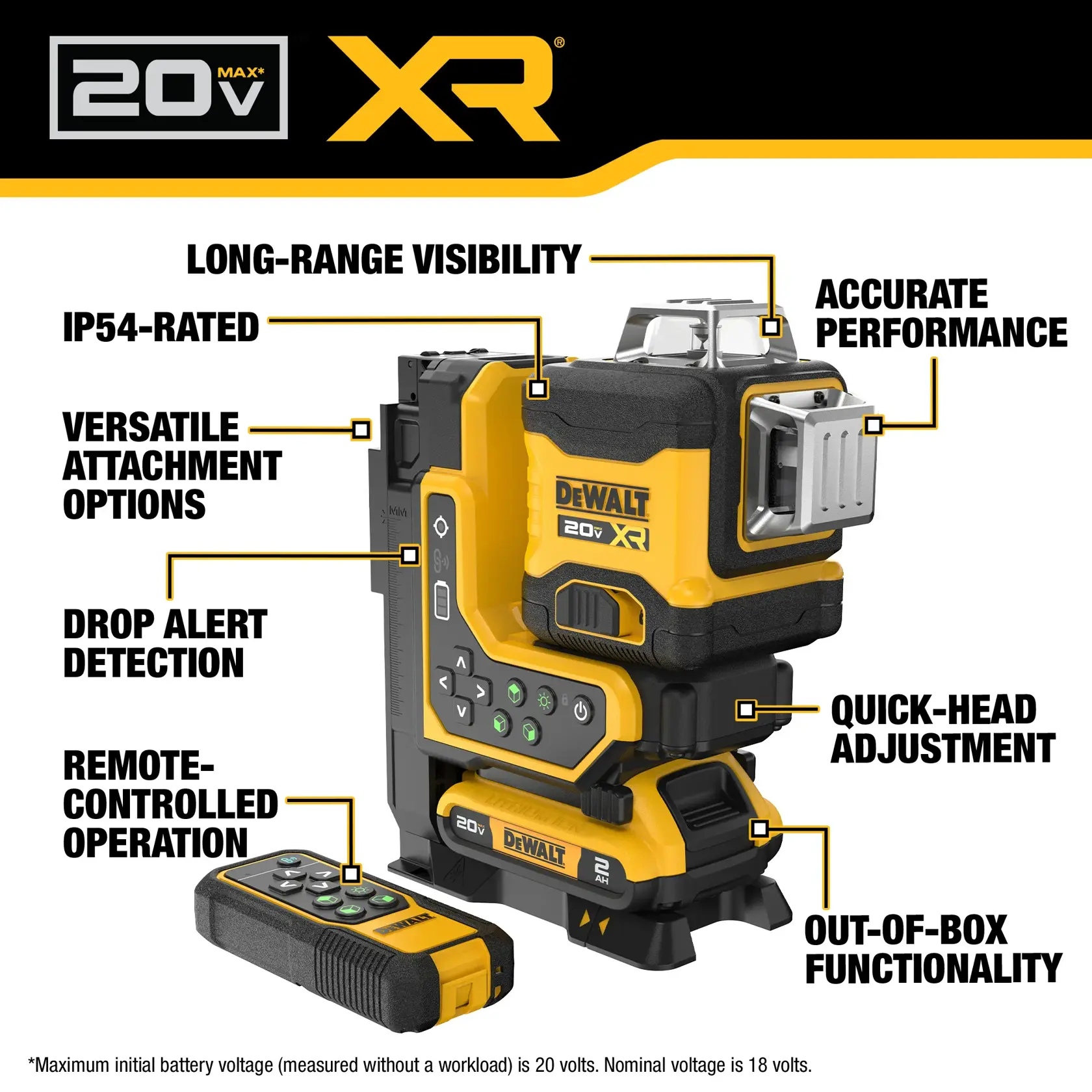Image showing a DEWALT 20V XR device with highlighted features such as long-range visibility, accurate performance, IP54 rating, versatile attachment options, drop alert detection, remote-controlled operation, quick-head adjustment, and out-of-box functionality. The product is yellow and black, includes a remote control, and displays the DEWALT logo.