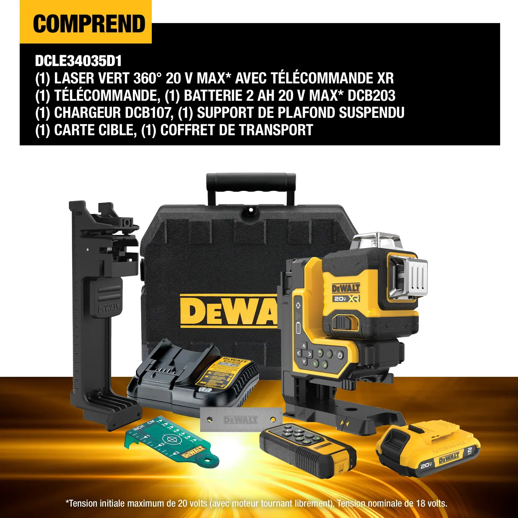 DEWALT DCLE34035D1 kit contents shown, including: 20V MAX XR remote control 360-degree green laser, remote control, 20V MAX DCB203 2Ah battery, DCB107 charger, ceiling bracket, target card, and kit box. All items are arranged in front of the DEWALT-branded case.