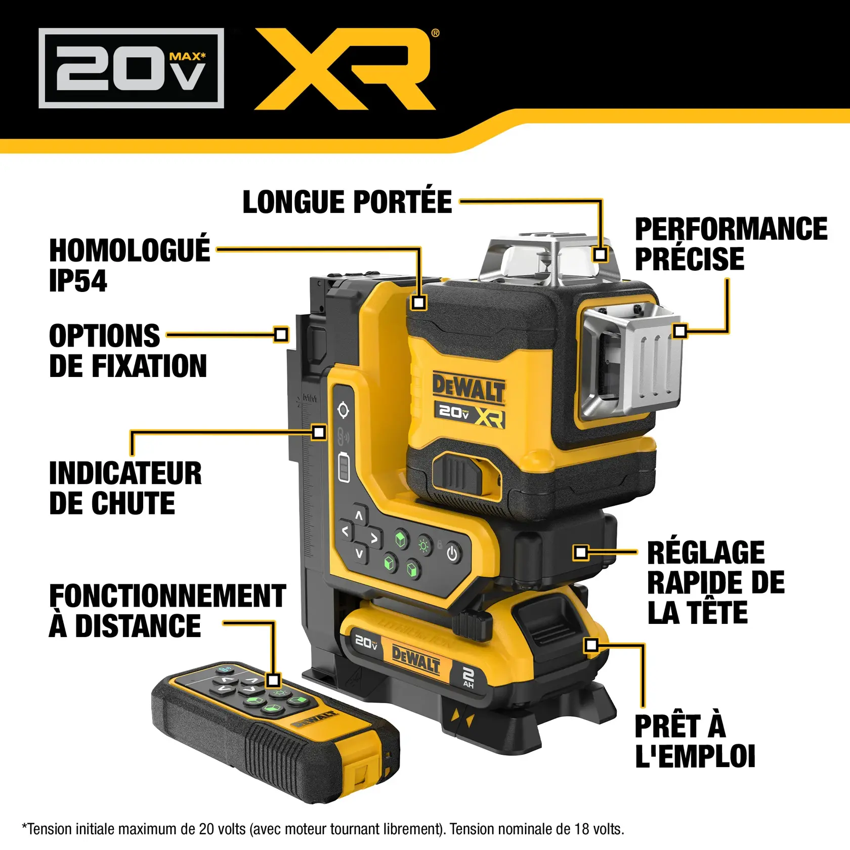 Image showing a DEWALT 20V XR device with highlighted features such as long-range visibility, accurate performance, IP54 rating, versatile attachment options, drop alert detection, remote-controlled operation, quick-head adjustment, and out-of-box functionality. The product is yellow and black, includes a remote control, and displays the DEWALT logo.