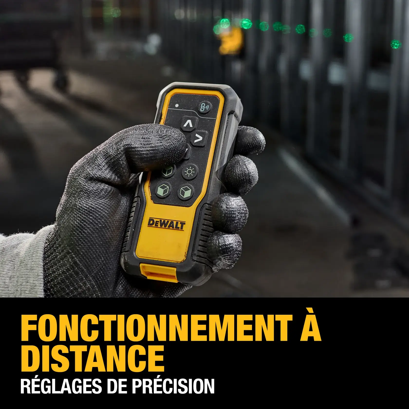 A gloved hand holds a DEWALT remote control device, featuring operation buttons. Text reads 'REMOTE-CONTROLLED OPERATION' and 'FINE-TUNING ADJUSTMENTS.' Green laser lines are visible in the background.