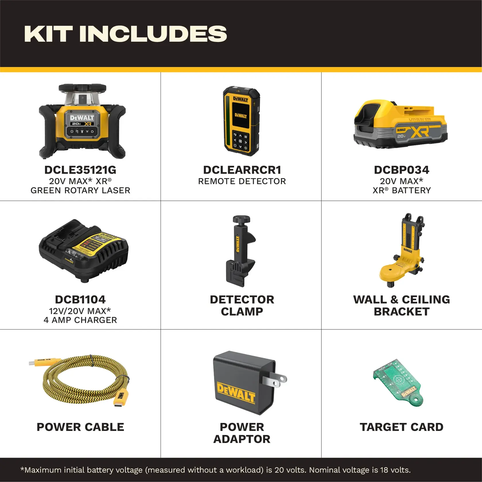 Graphique du contenu du kit DEWALT montrant neuf articles : DCLE35121G laser rotatif vert 20V MAX XR, DCLEARRCR1 détecteur à distance, DCBP034 batterie 20V MAX XR, DCB1104 chargeur 12V/20V MAX 4 ampères, pince de détecteur, support mural et de plafond, câble d'alimentation, adaptateur secteur, et carte cible.
