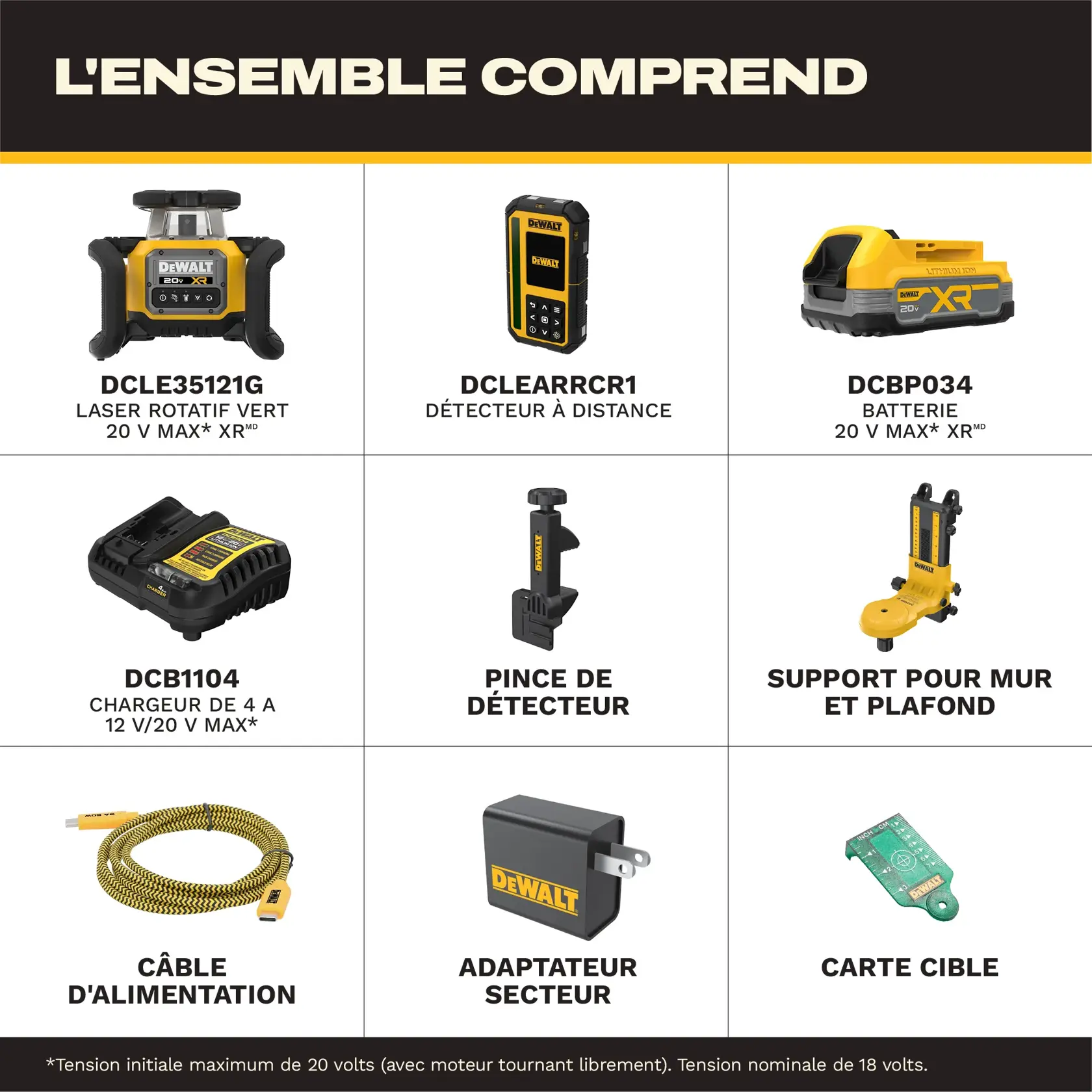 Graphique du contenu du kit DEWALT montrant neuf articles : DCLE35121G laser rotatif vert 20V MAX XR, DCLEARRCR1 détecteur à distance, DCBP034 batterie 20V MAX XR, DCB1104 chargeur 12V/20V MAX 4 ampères, pince de détecteur, support mural et de plafond, câble d'alimentation, adaptateur secteur, et carte cible.