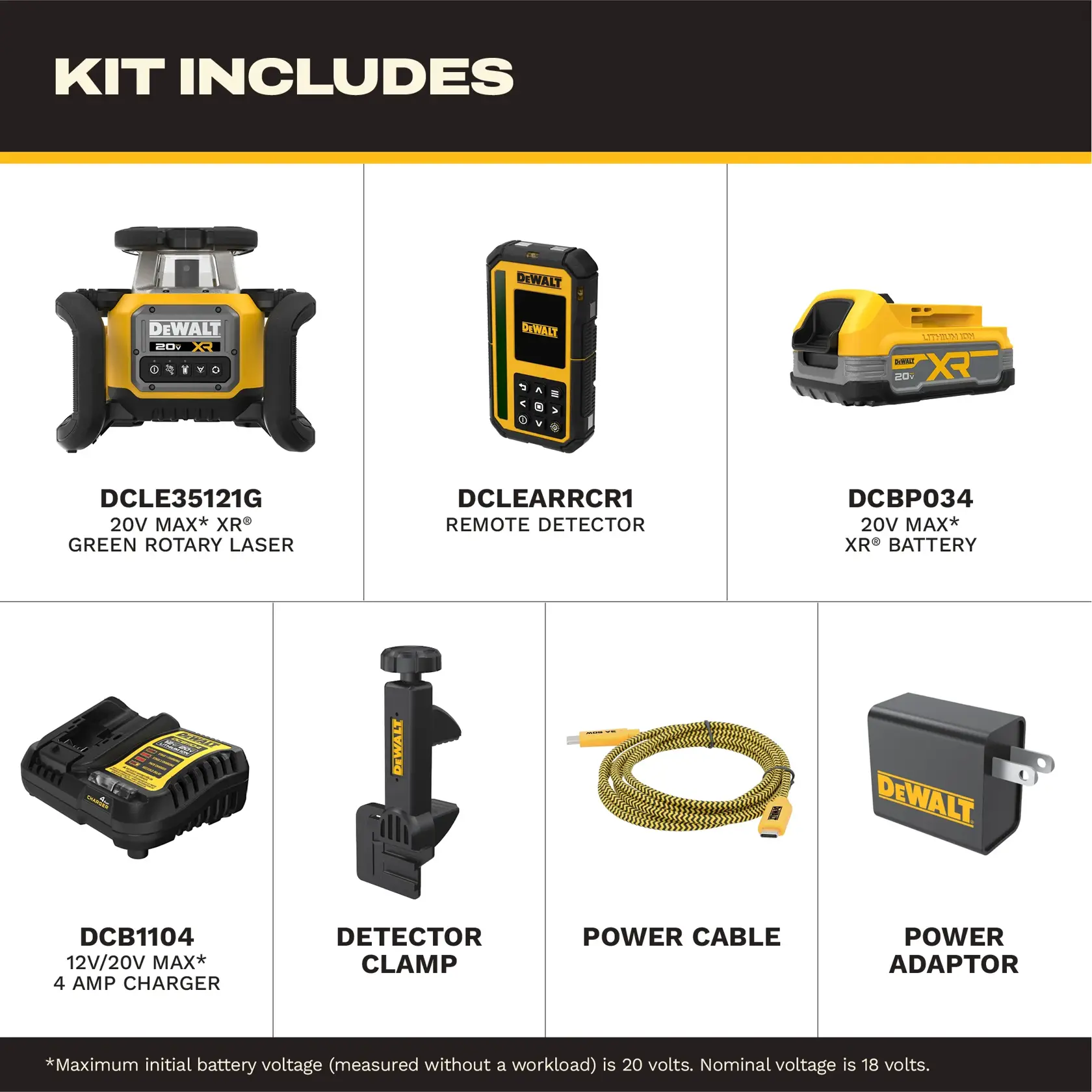 Graphique montrant le contenu d'un kit DEWALT, comprenant un laser rotatif vert 20V MAX XR (DCLE35121G), un détecteur à distance (DCLEARRCR1), une batterie 20V MAX XR (DCBP034), un chargeur 12V/20V MAX 4 ampères (DCB1104), un serre-détecteur, un câble d'alimentation et un adaptateur d'alimentation.