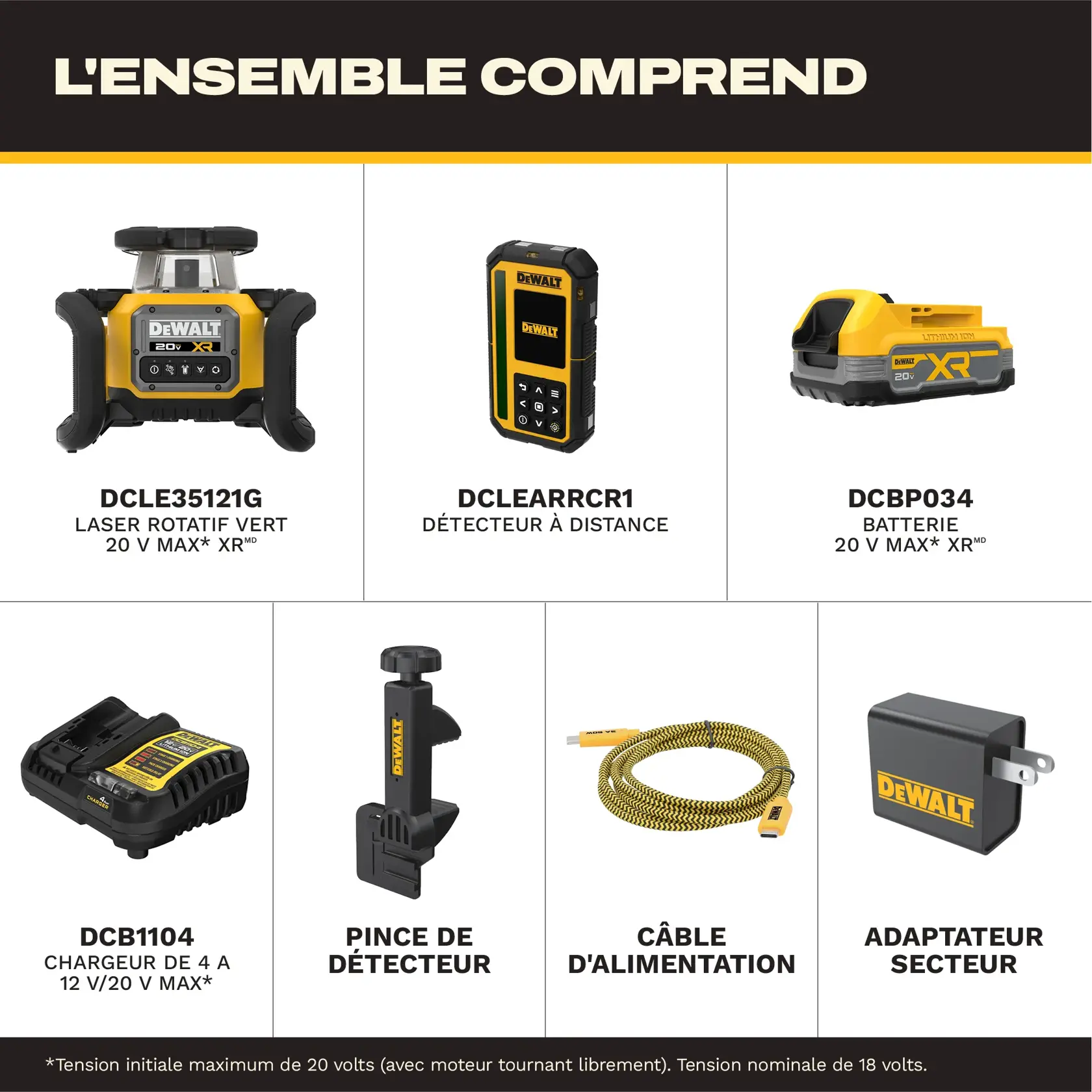 Graphique montrant le contenu d'un kit DEWALT, comprenant un laser rotatif vert 20V MAX XR (DCLE35121G), un détecteur à distance (DCLEARRCR1), une batterie 20V MAX XR (DCBP034), un chargeur 12V/20V MAX 4 ampères (DCB1104), un serre-détecteur, un câble d'alimentation et un adaptateur d'alimentation.