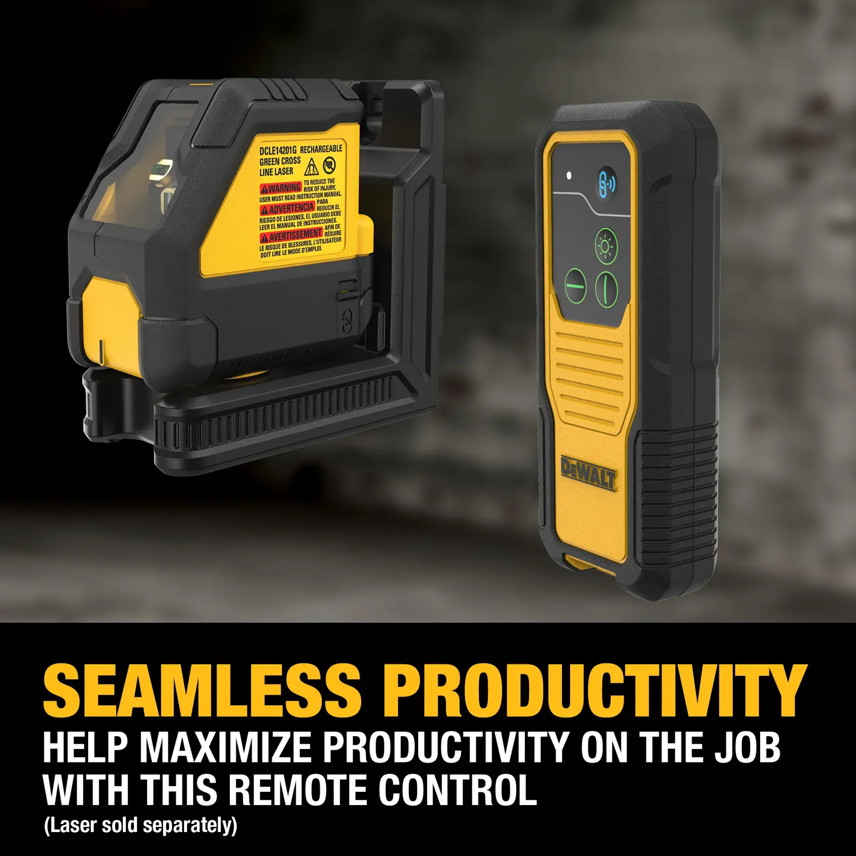 Image showing a DEWALT rechargeable green cross line laser and a wireless remote control device. The text highlights seamless productivity with the remote control for job sites. Note at the bottom states that the laser is sold separately.
