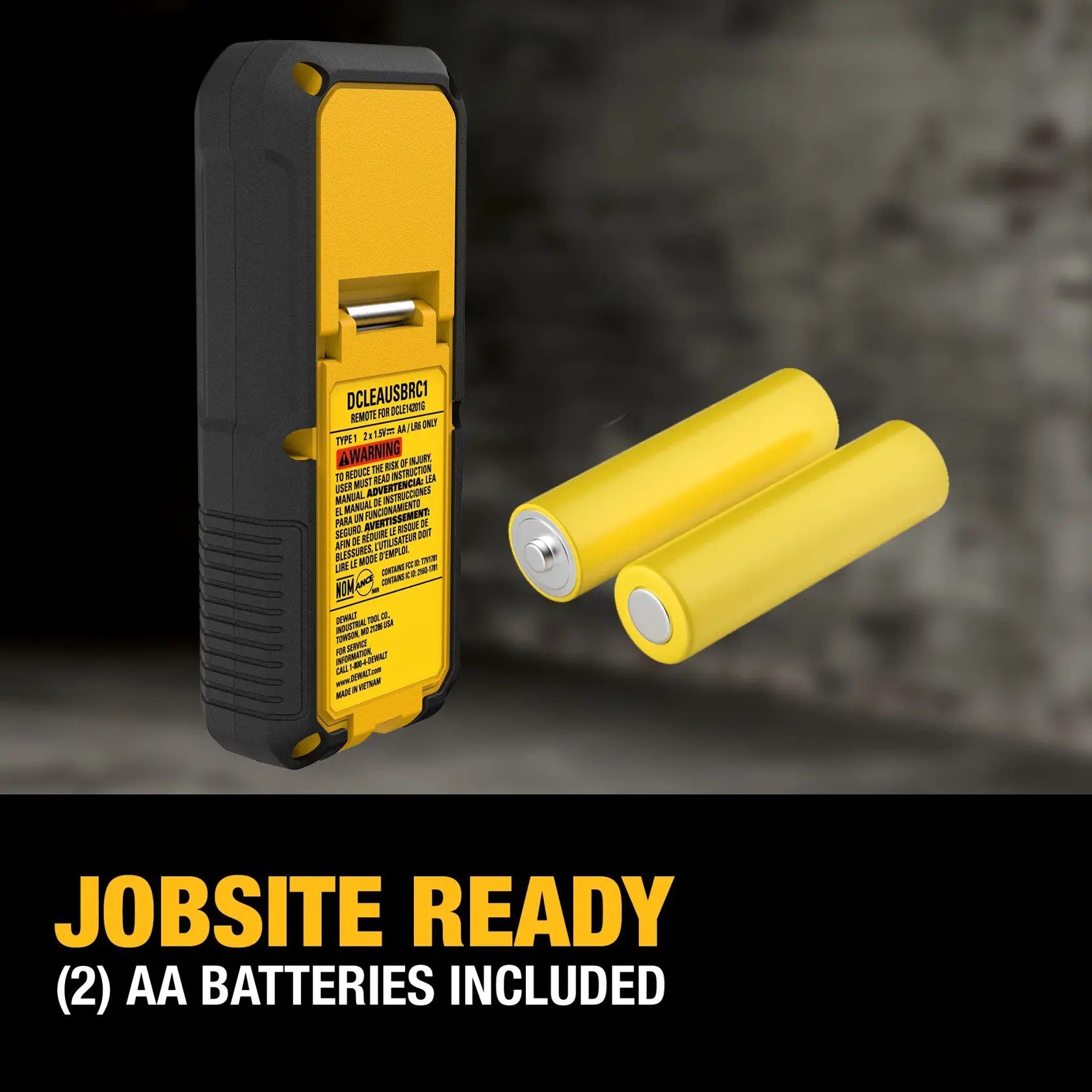 Rear view of a DEWALT handheld device (model DCLEAUSBRC1) and two yellow AA batteries, with the text 'Jobsite Ready (2) AA Batteries Included' displayed below.