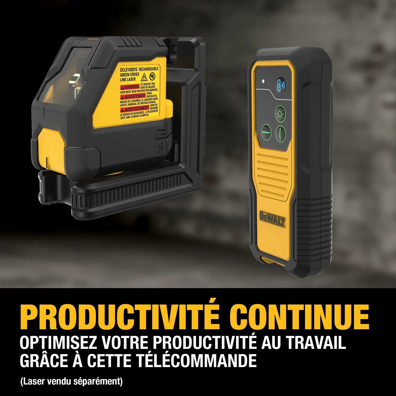 Image showing a DEWALT rechargeable green cross line laser and a wireless remote control device. The text highlights seamless productivity with the remote control for job sites. Note at the bottom states that the laser is sold separately.