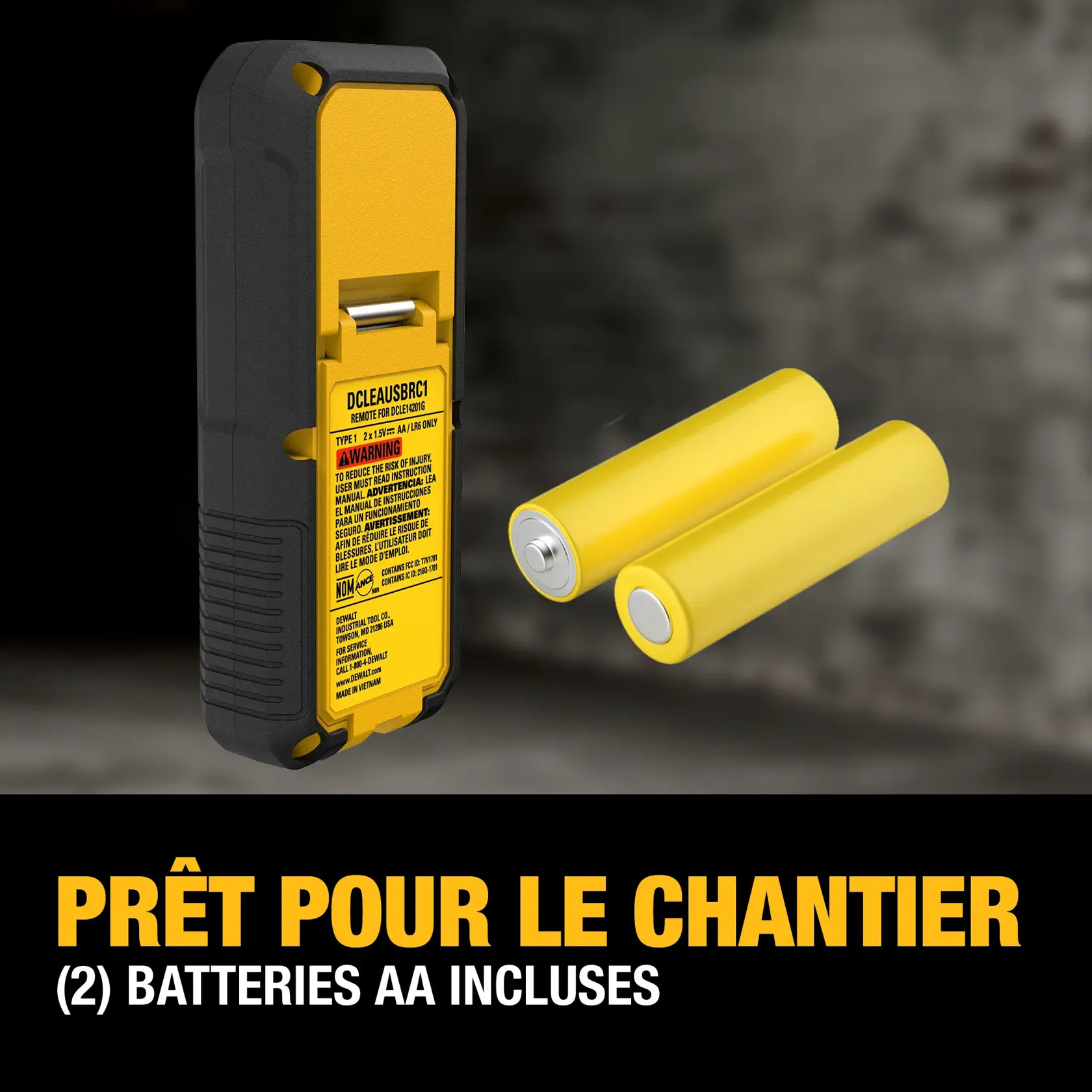 Rear view of a DEWALT handheld device (model DCLEAUSBRC1) and two yellow AA batteries, with the text 'Jobsite Ready (2) AA Batteries Included' displayed below.