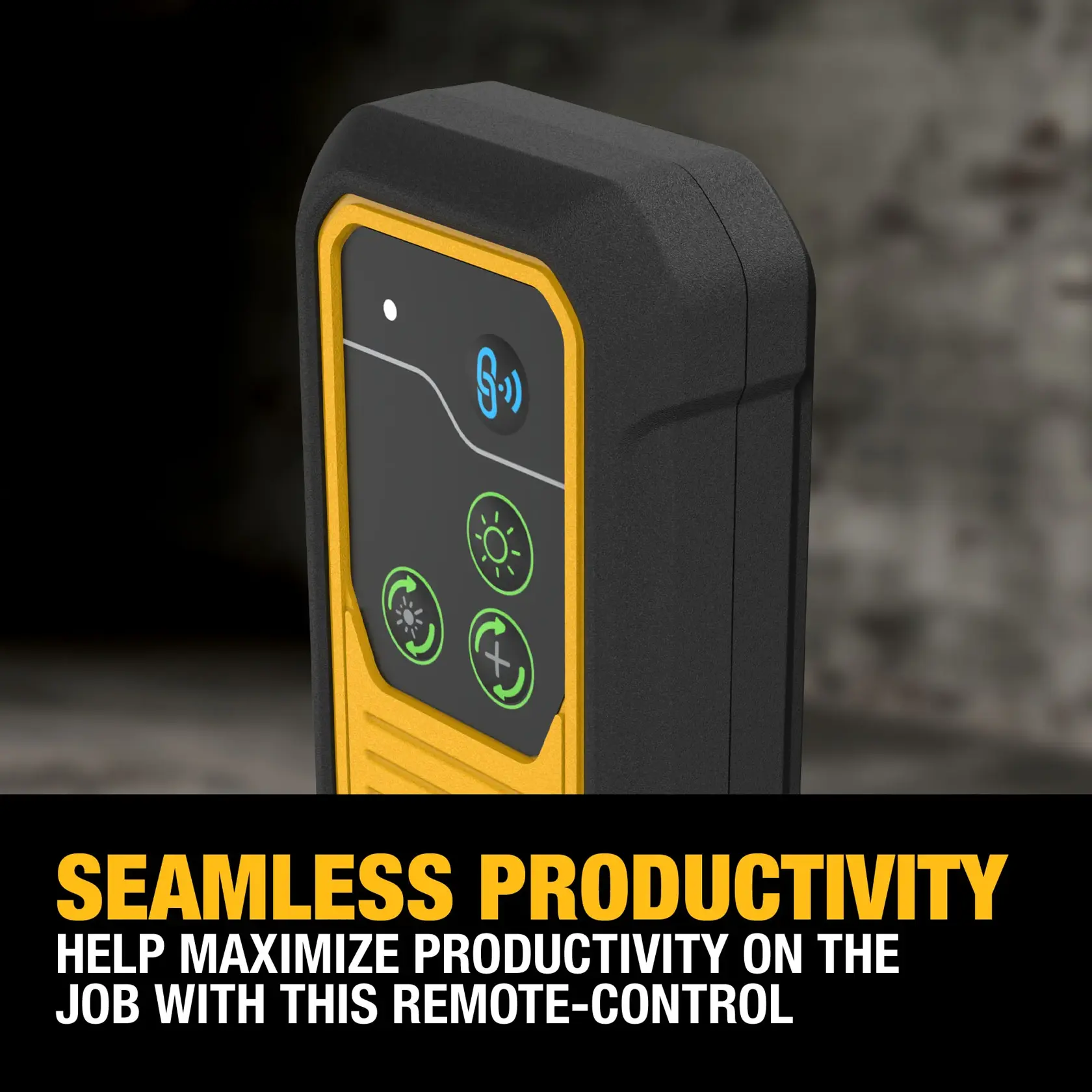 Close-up of a DEWALT remote control device with a black and yellow design, featuring illuminated buttons. Text below reads: 'Seamless Productivity - Help maximize productivity on the job with this remote-control.'