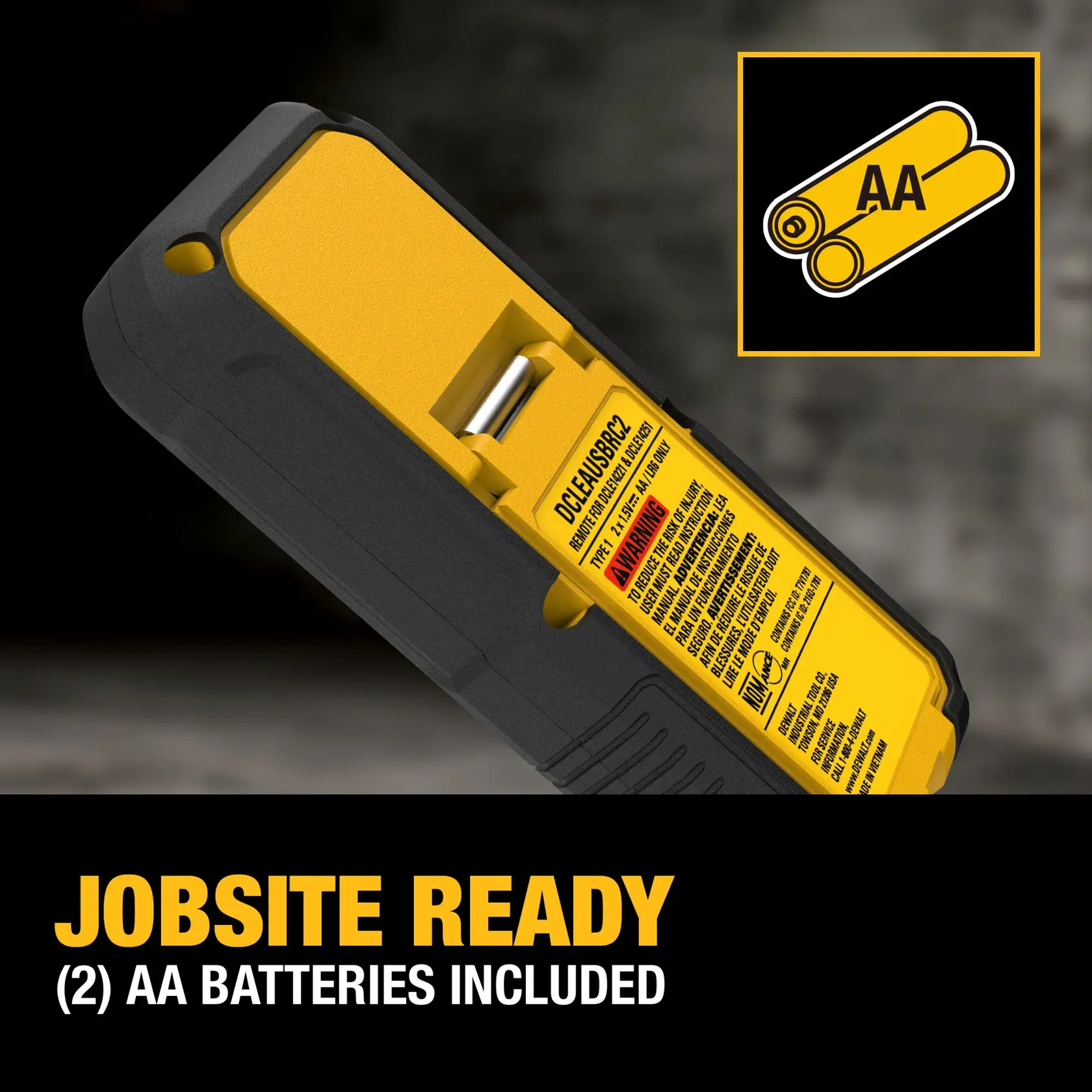 Close-up of a DEWALT tool showing the battery compartment with a visible AA battery inside. An inset graphic displays two AA batteries labeled 'AA'. Text below states 'Jobsite Ready (2) AA Batteries Included'.