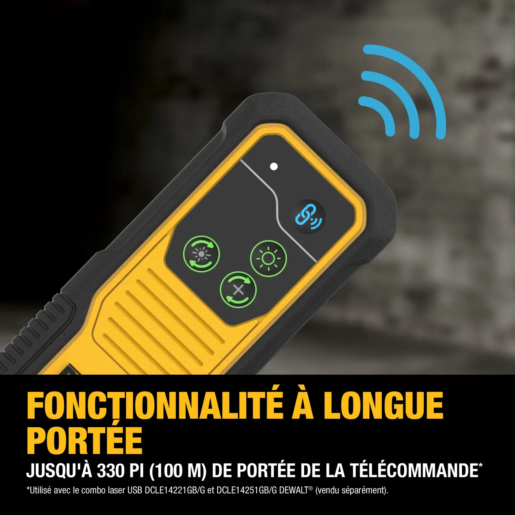 Close-up of a DEWALT remote control device featuring a yellow and black design, with illuminated buttons and wireless connectivity icon. Text overlay highlights its long-range functionality with up to 330 ft. (100 m) remote-control range.