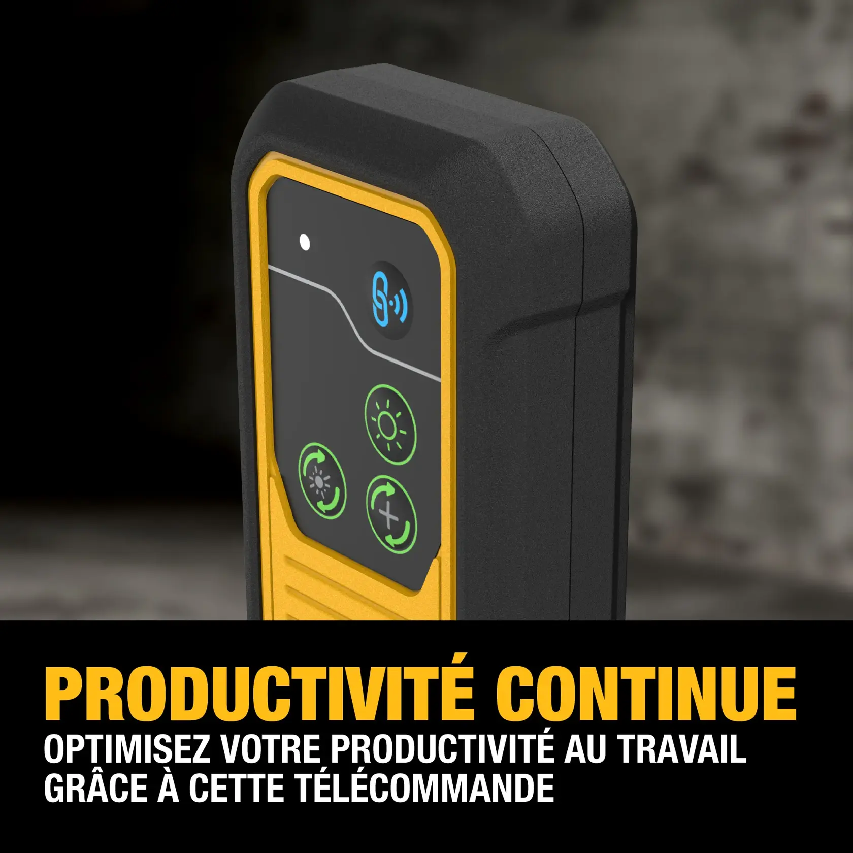 Close-up of a DEWALT remote control device with a black and yellow design, featuring illuminated buttons. Text below reads: 'Seamless Productivity - Help maximize productivity on the job with this remote-control.'