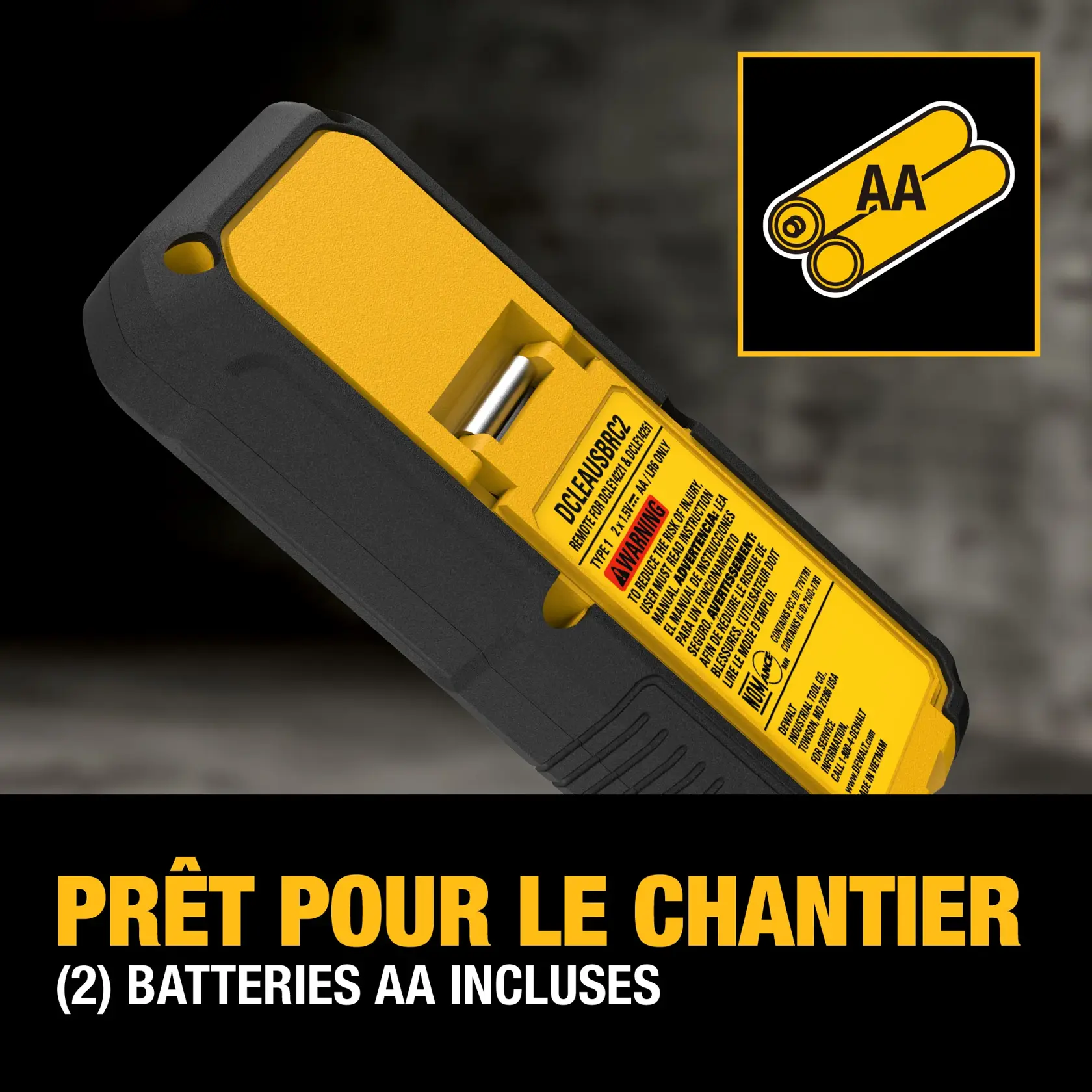 Close-up of a DEWALT tool showing the battery compartment with a visible AA battery inside. An inset graphic displays two AA batteries labeled 'AA'. Text below states 'Jobsite Ready (2) AA Batteries Included'.