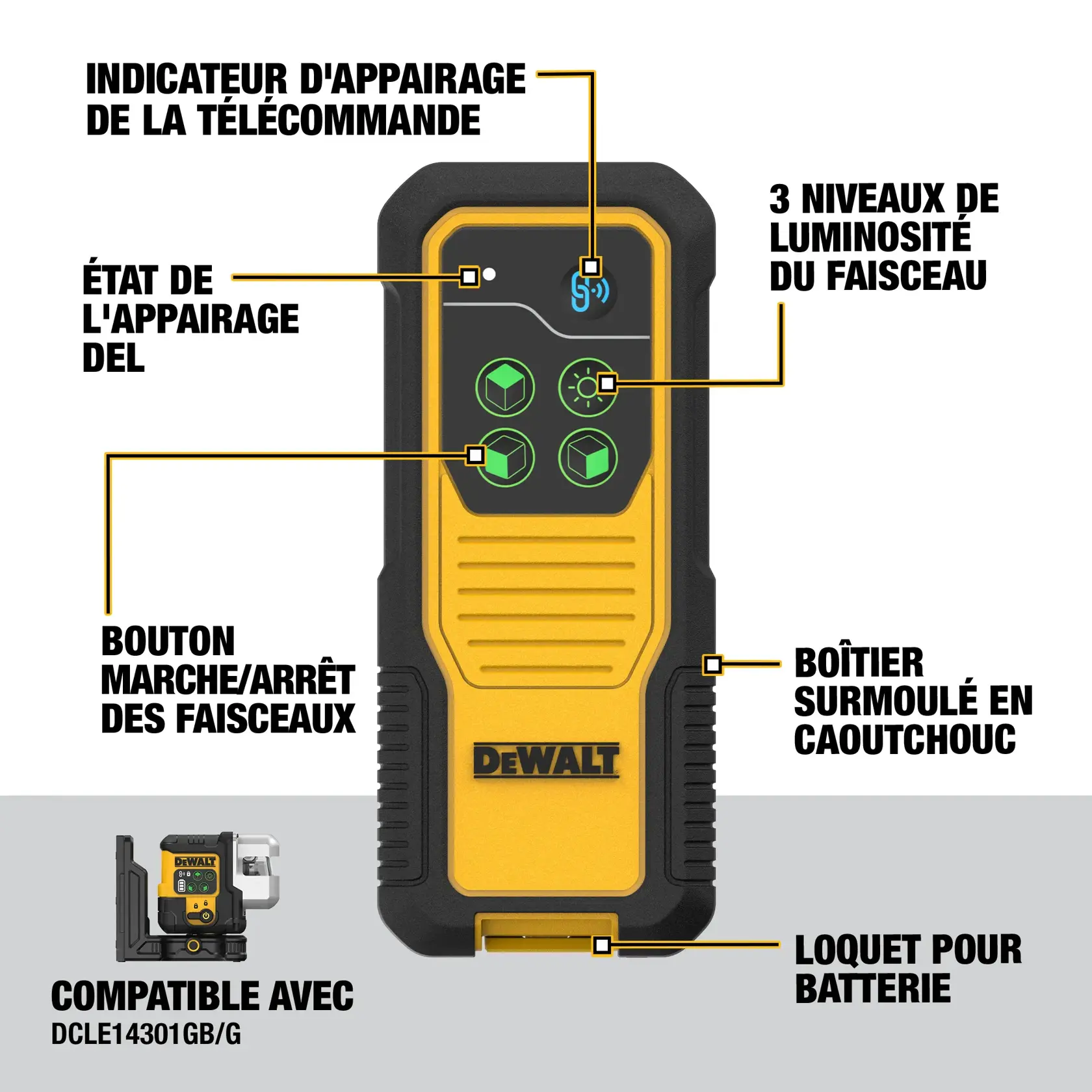 Front view of a DEWALT laser remote control model DCLEAUSBRC3, labeled to show features including laser pairing indicator, pair status LED, laser line on/off buttons, 3 level beam brightness, rubber overmold housing, and battery latch. Also notes compatibility with DCLE14301GB/G.