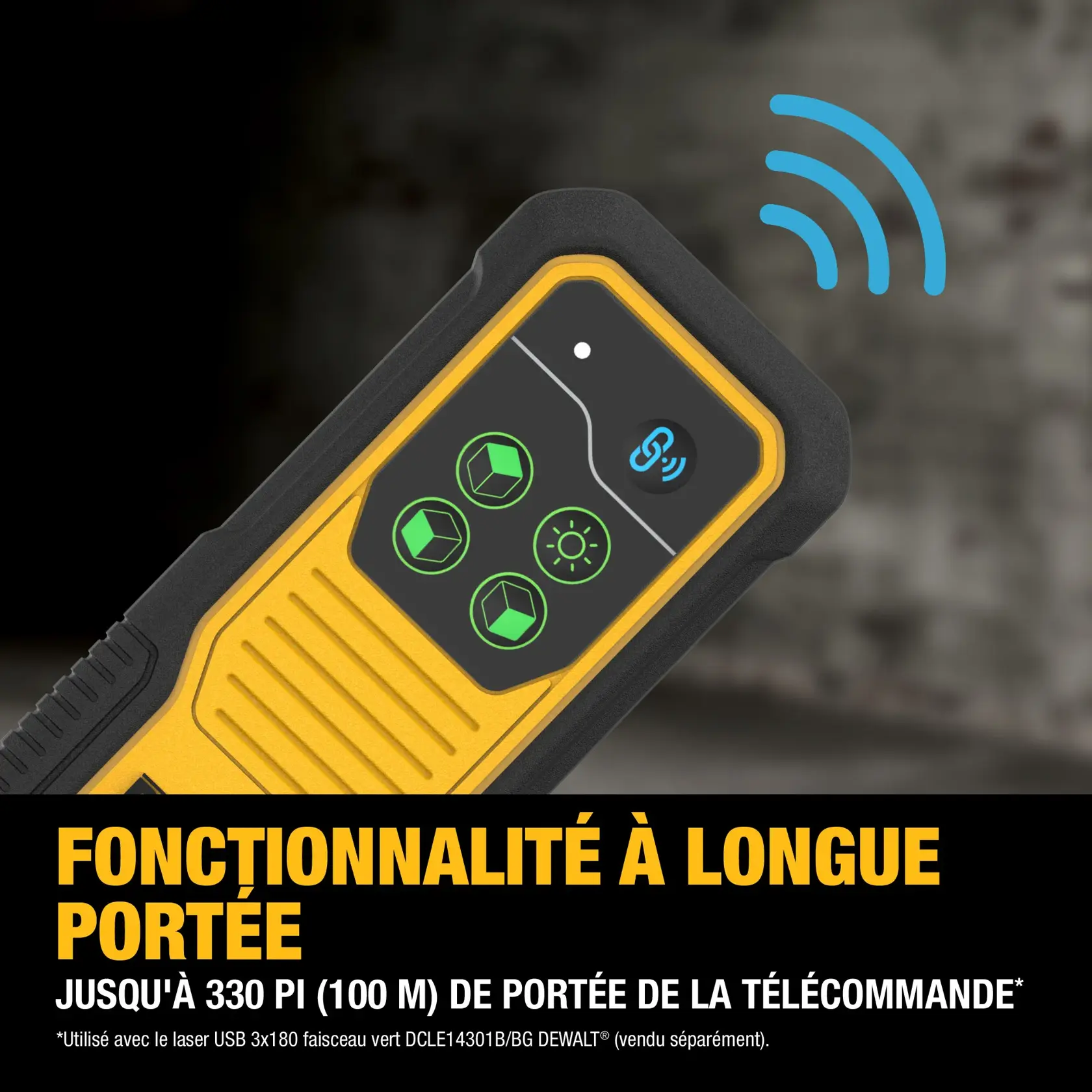 Close-up of a DEWALT remote control device with yellow and black casing, green buttons, and a blue wireless signal icon. Text on the image highlights its long-range functionality with up to 330 ft. (100m) remote-control range when used with DEWALT DCLE14301B/BG Green 3X180 Line Laser.