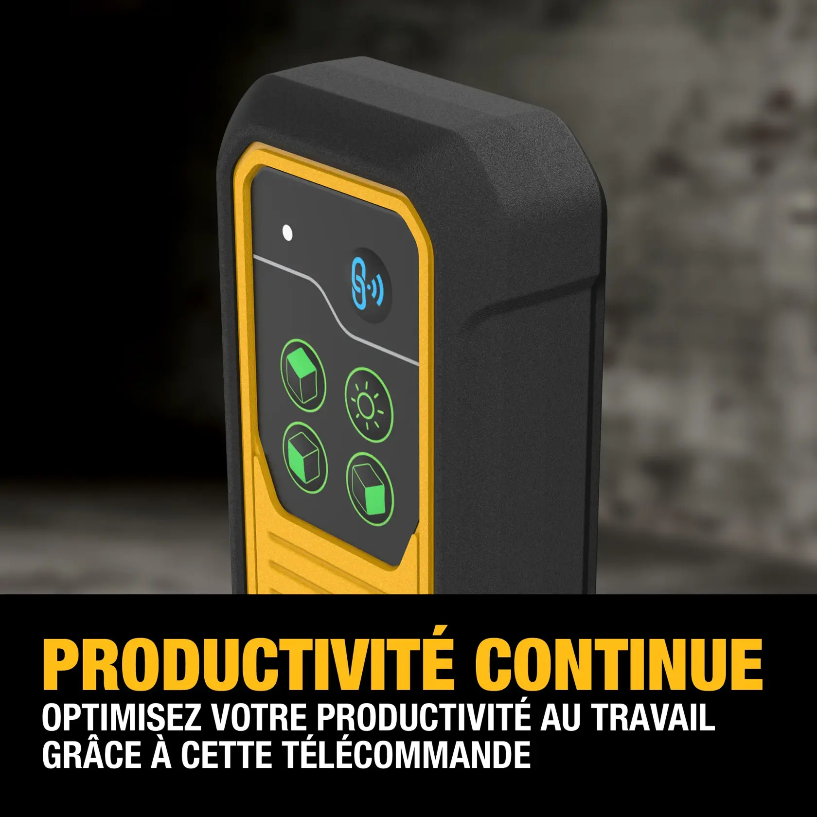 Close-up of a DEWALT remote-control device with a black and yellow design, featuring four green illuminated buttons and connectivity indicator, with the text 'Seamless Productivity - Help maximize productivity on the job with this remote-control' displayed below.