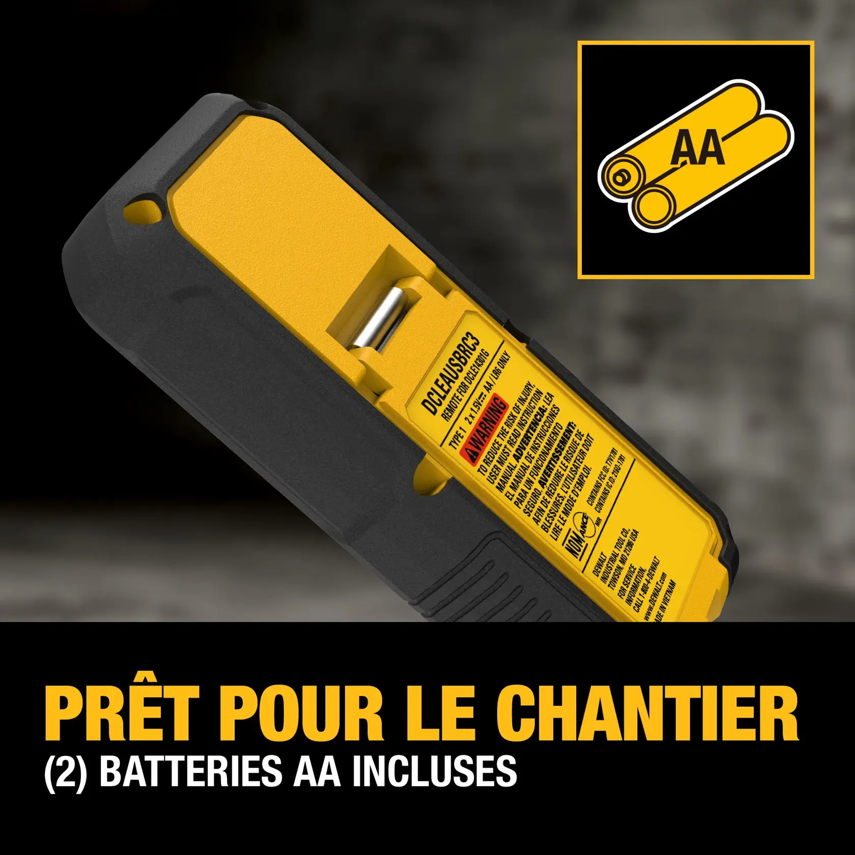 DEWALT DCLEAUSBRC3 device showing battery compartment with AA batteries, accompanied by a graphic of two AA batteries and text stating 'Jobsite Ready (2) AA batteries included.'