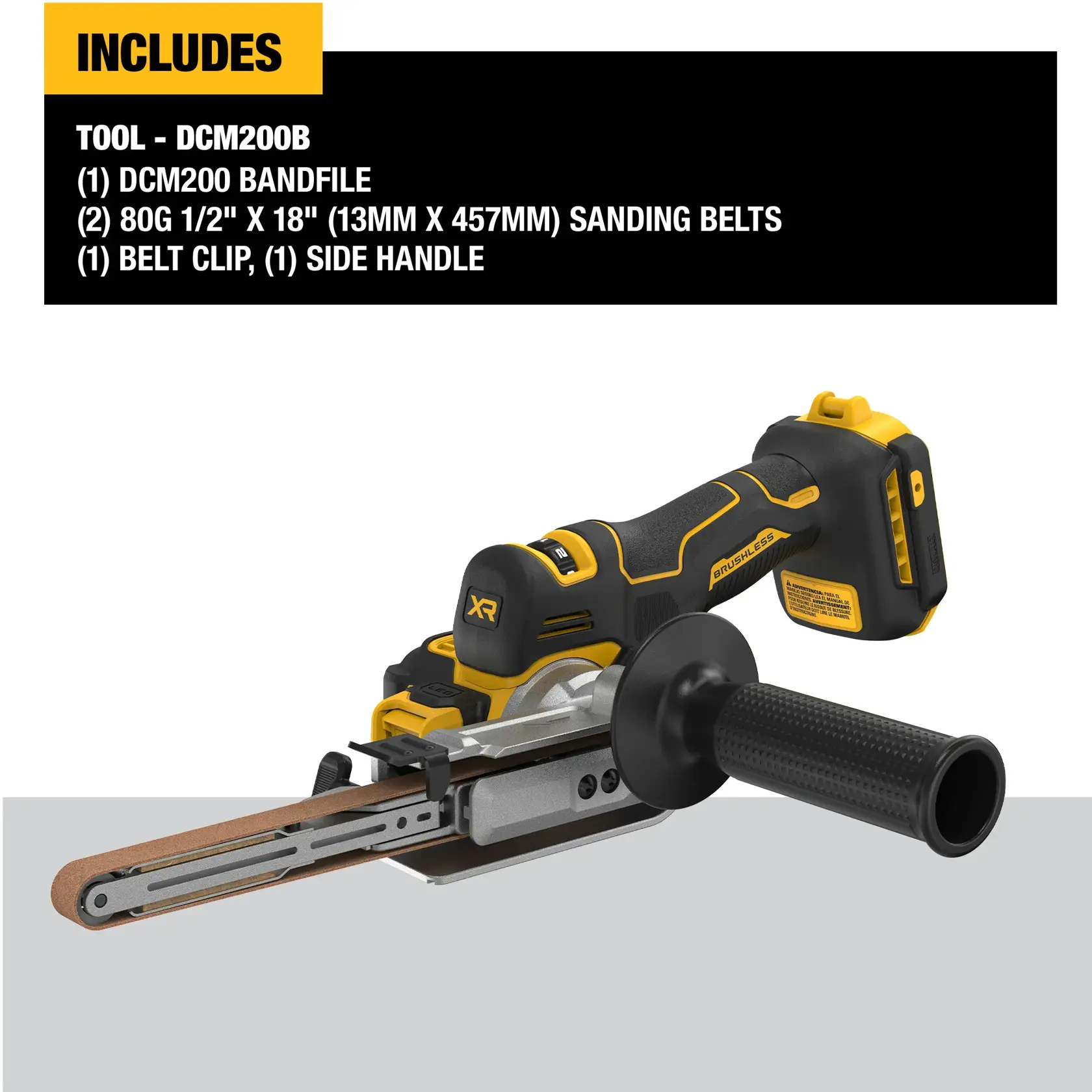 DEWALT DCM200B cordless bandfile tool with brushless motor, shown with sanding belt installed. The kit includes the DCM200 bandfile, two 80 grit 1/2'' x 18'' sanding belts, a belt clip, and a side handle. Product and included accessories displayed against a plain background with features listed above.