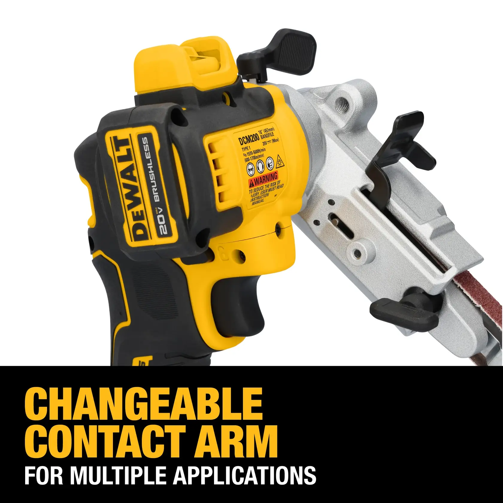 Close-up view of a DEWALT 20V brushless power tool with a changeable contact arm feature, designed for multiple applications. The tool is primarily yellow and black with visible labels and warnings.