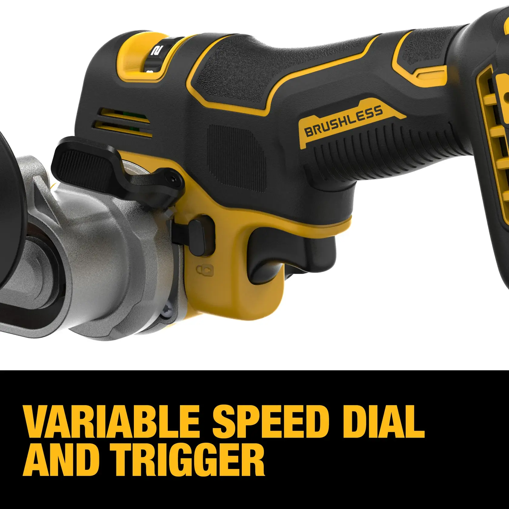 Close-up image of a DEWALT brushless power tool handle, displaying the variable speed dial and trigger. The text below reads: 'Variable speed dial and trigger.'