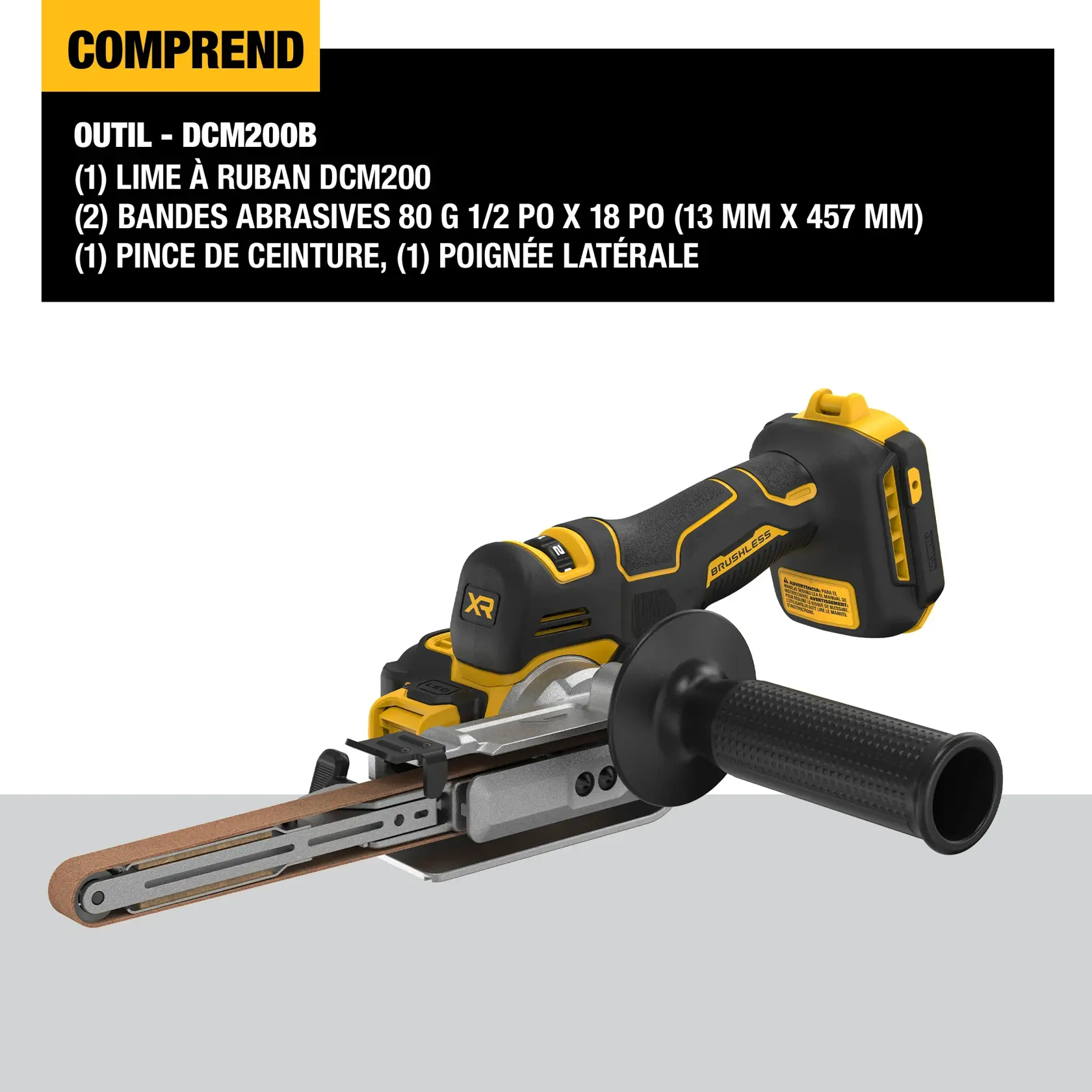 DEWALT DCM200B cordless bandfile tool with brushless motor, shown with sanding belt installed. The kit includes the DCM200 bandfile, two 80 grit 1/2'' x 18'' sanding belts, a belt clip, and a side handle. Product and included accessories displayed against a plain background with features listed above.