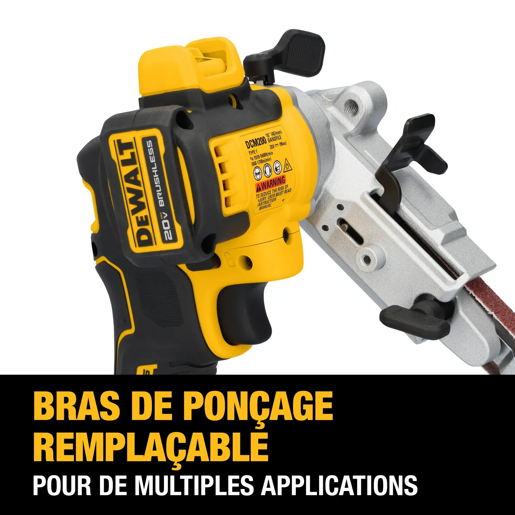 Close-up view of a DEWALT 20V brushless power tool with a changeable contact arm feature, designed for multiple applications. The tool is primarily yellow and black with visible labels and warnings.