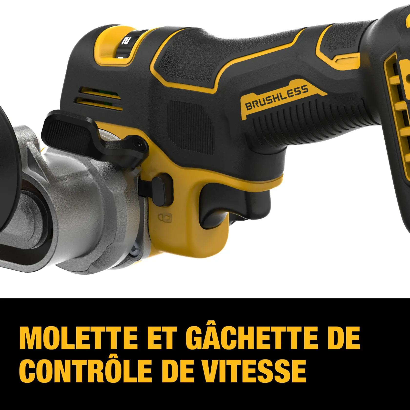 Close-up image of a DEWALT brushless power tool handle, displaying the variable speed dial and trigger. The text below reads: 'Variable speed dial and trigger.'