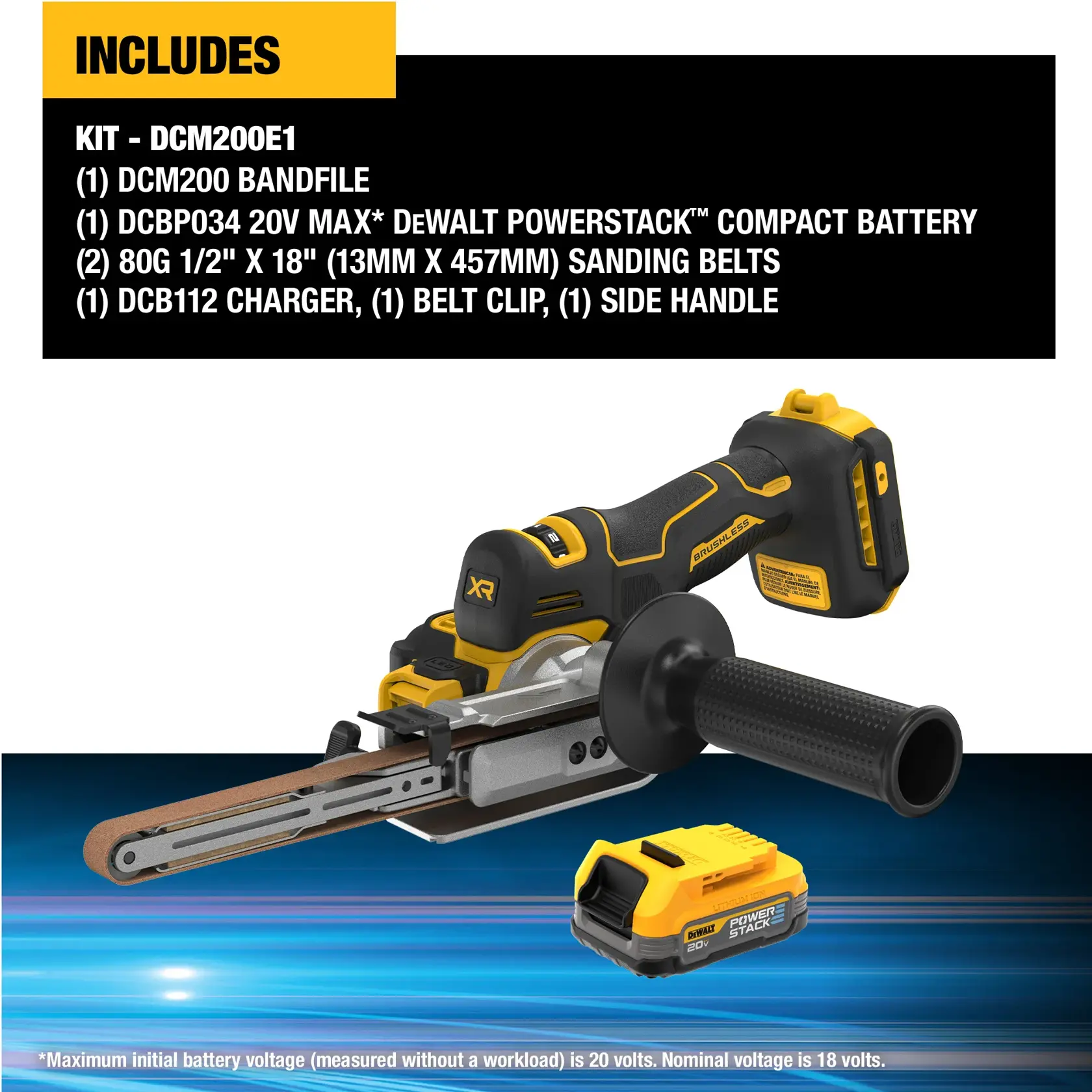 The image shows a DEWALT DCM200E1 bandfile kit, including a cordless bandfile tool, a DEWALT POWERSTACK compact battery, two 80-grit sanding belts (1/2 inch x 18 inch), a DCB112 charger, a belt clip, and a side handle. The components are displayed on a stylized blue background, with a list of included items in a black and yellow box above the tool.
