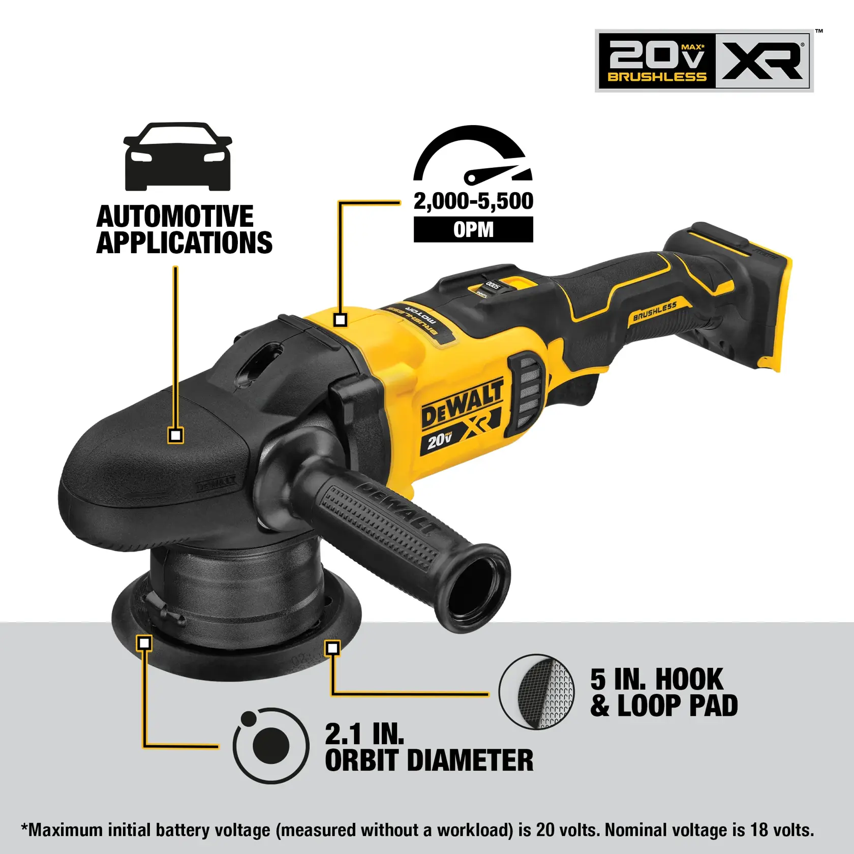 DEWALT 20V MAX XR brushless cordless polisher, model DCM848B, designed for automotive applications. Features include a 2,000-5,500 OPM speed range, 2.1-inch orbit diameter, and a 5-inch hook and loop pad. The image also notes the maximum initial battery voltage is 20 volts, nominal voltage is 18 volts.