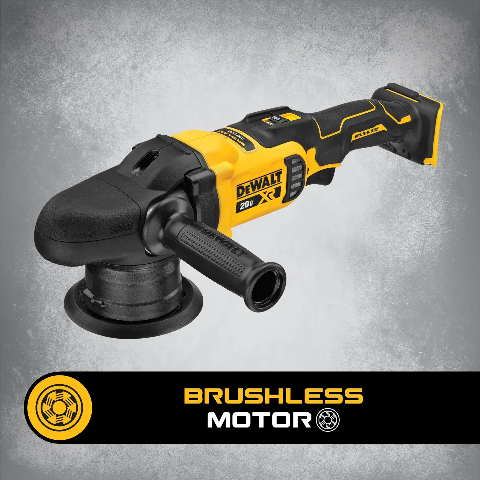 A DEWALT 20V XR brushless cordless polisher with a black and yellow body, side handle, and battery slot, displayed on a gray background. Text below reads 'Brushless Motor' with an icon.