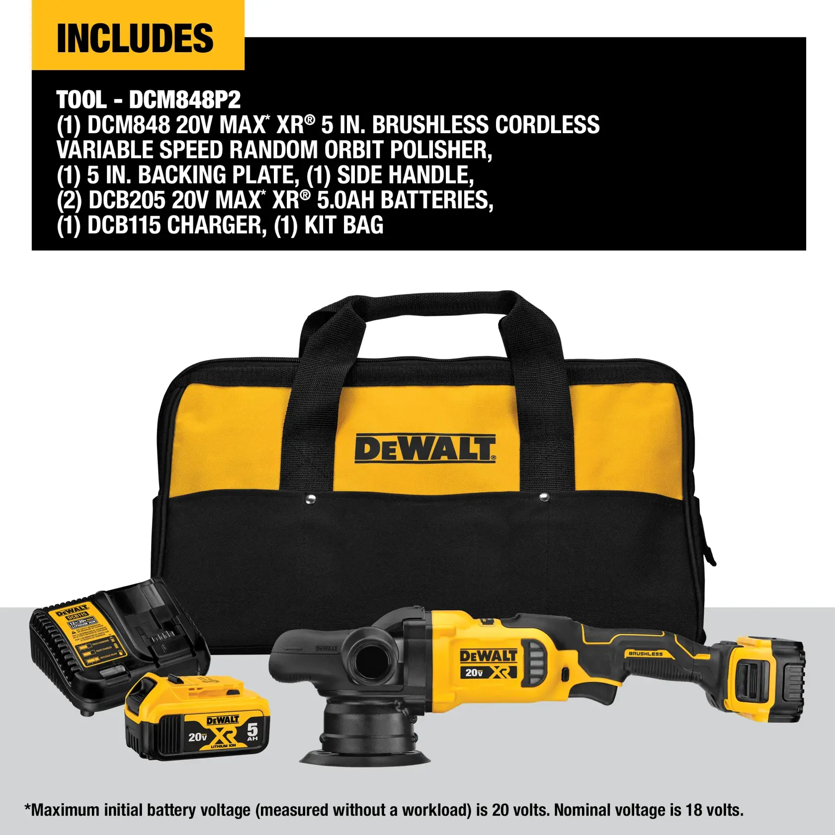 DEWALT DCM848P2 kit contents shown: a yellow and black carrying bag with DEWALT logo, a cordless random orbit polisher, a charger, two 20V MAX XR 5.0Ah batteries, and polishing accessories. The top features a list of included items and specifications in white text.
