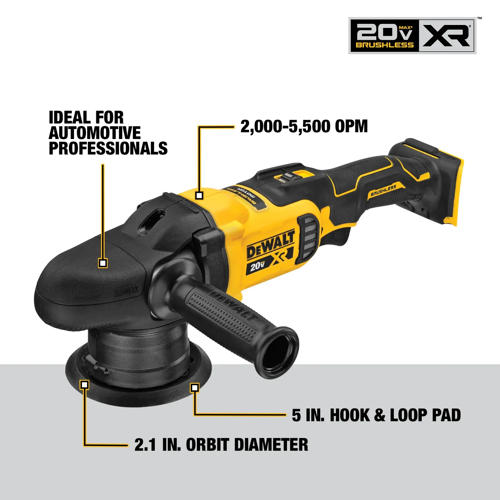 DEWALT 20V Max XR brushless cordless polisher with ergonomic handle, ideal for automotive professionals. Features include a speed range of 2,000-5,500 OPM, a 5-inch hook & loop pad, and a 2.1-inch orbit diameter.