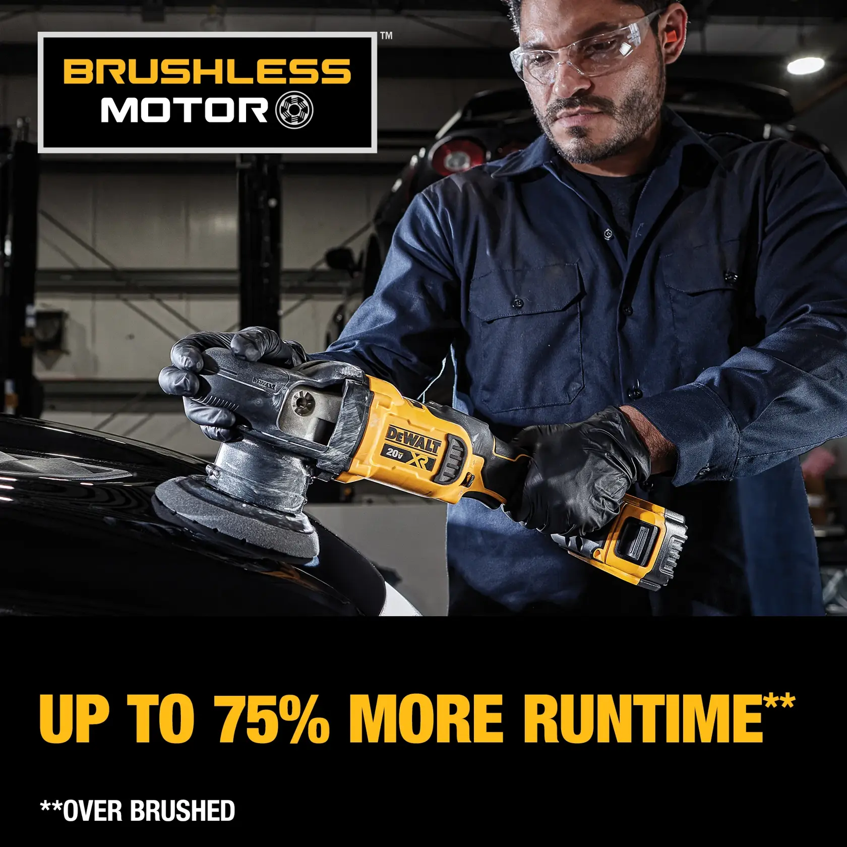 A person wearing gloves and a dark uniform is using a DEWALT DCM848P2 cordless polisher on a car surface. The image highlights the brushless motor feature and advertises up to 75% more runtime compared to brushed models.