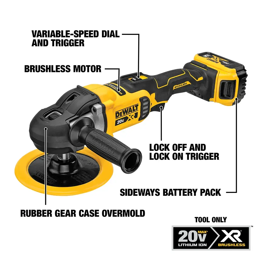 DEWALT DCM849B 20V XR cordless polisher tool. The image highlights features such as variable-speed dial and trigger, brushless motor, lock off and lock on trigger, sideways battery pack, and rubber gear case overmold. The tool is shown in yellow and black colors, with a 'Tool Only' label and '20V MAX XR Brushless Lithium Ion' branding.
