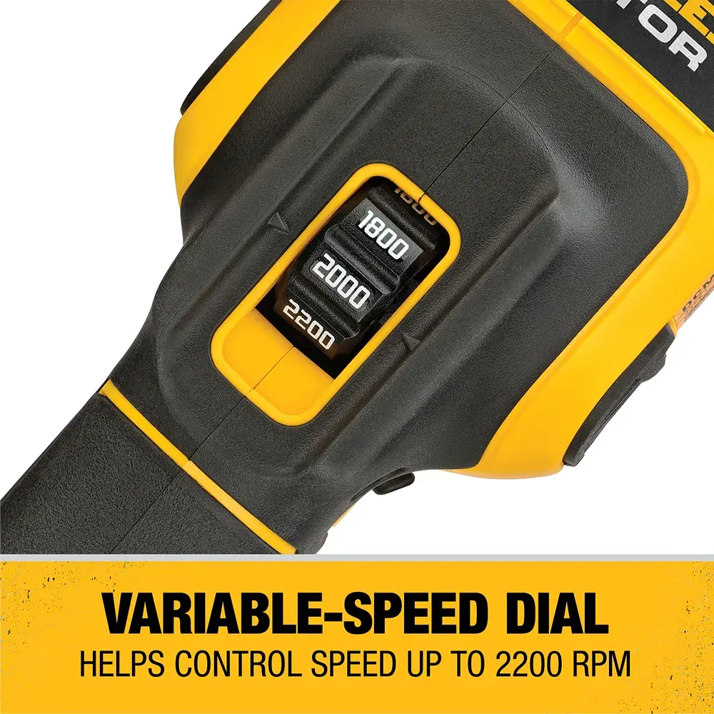 Close-up of a DEWALT power tool handle showing a variable-speed dial with options for 1800, 2000, and 2200 RPM. Text reads: 'VARIABLE-SPEED DIAL helps control speed up to 2200 RPM.'