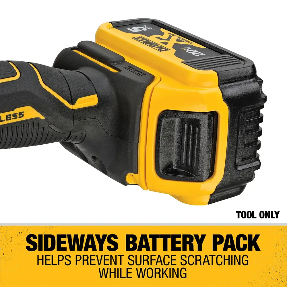 Close-up of a DEWALT cordless tool showing a sideways battery pack. Text on the image states 'Sideways Battery Pack helps prevent surface scratching while working.'