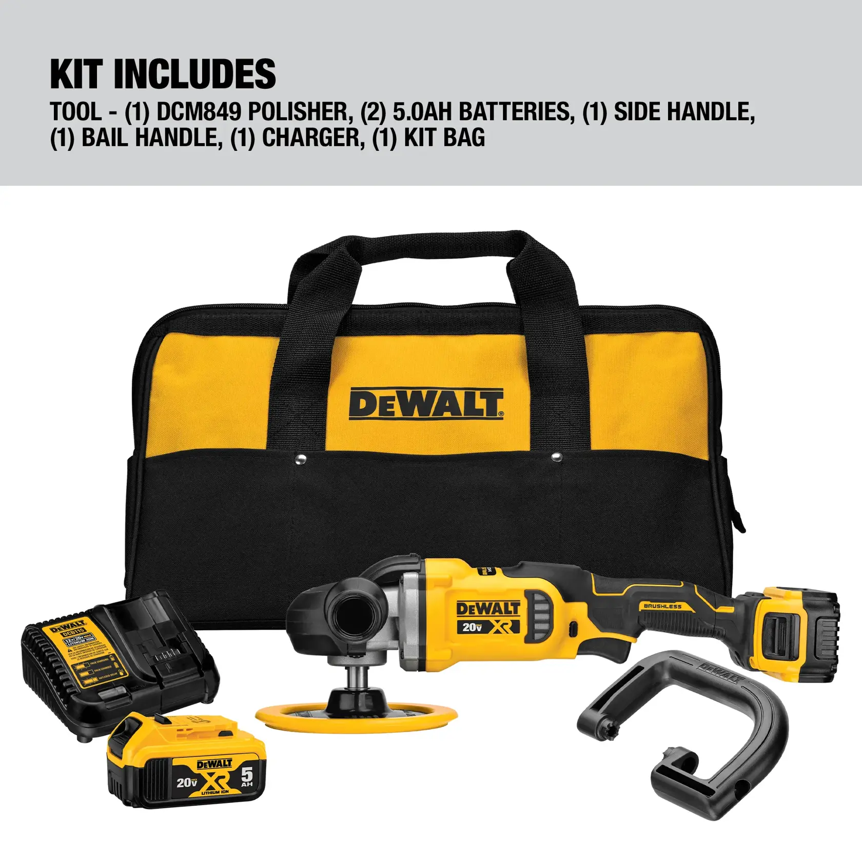 The image shows a DEWALT polishing kit including a black and yellow DEWALT branded tool bag, a DCM849 polisher, two 5.0Ah batteries, a charger, a side handle, a bail handle, and all kit accessories arranged in front of the bag.