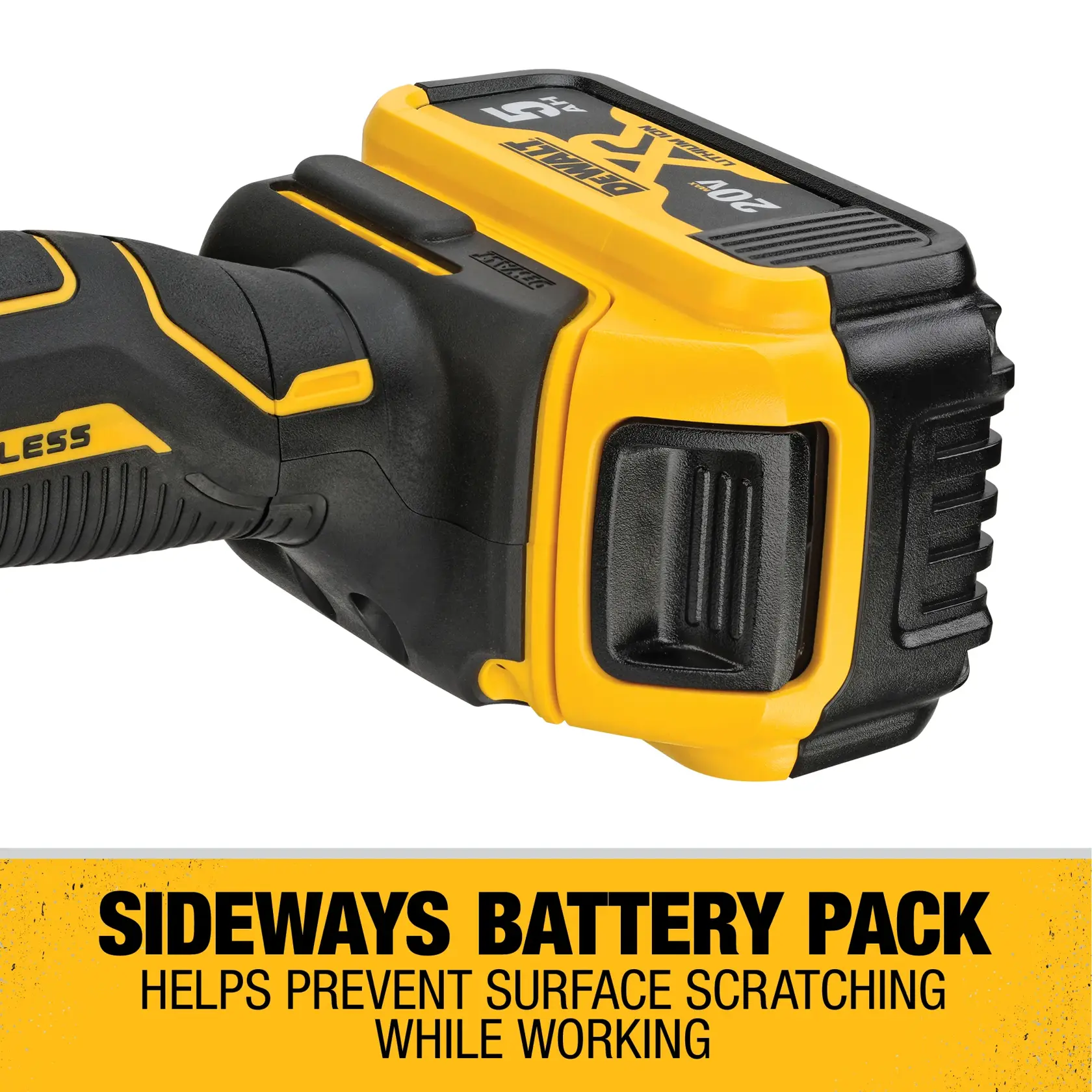 Close-up image of a DEWALT power tool showing a sideways battery pack, with highlighted text stating that the sideways battery pack helps prevent surface scratching while working.