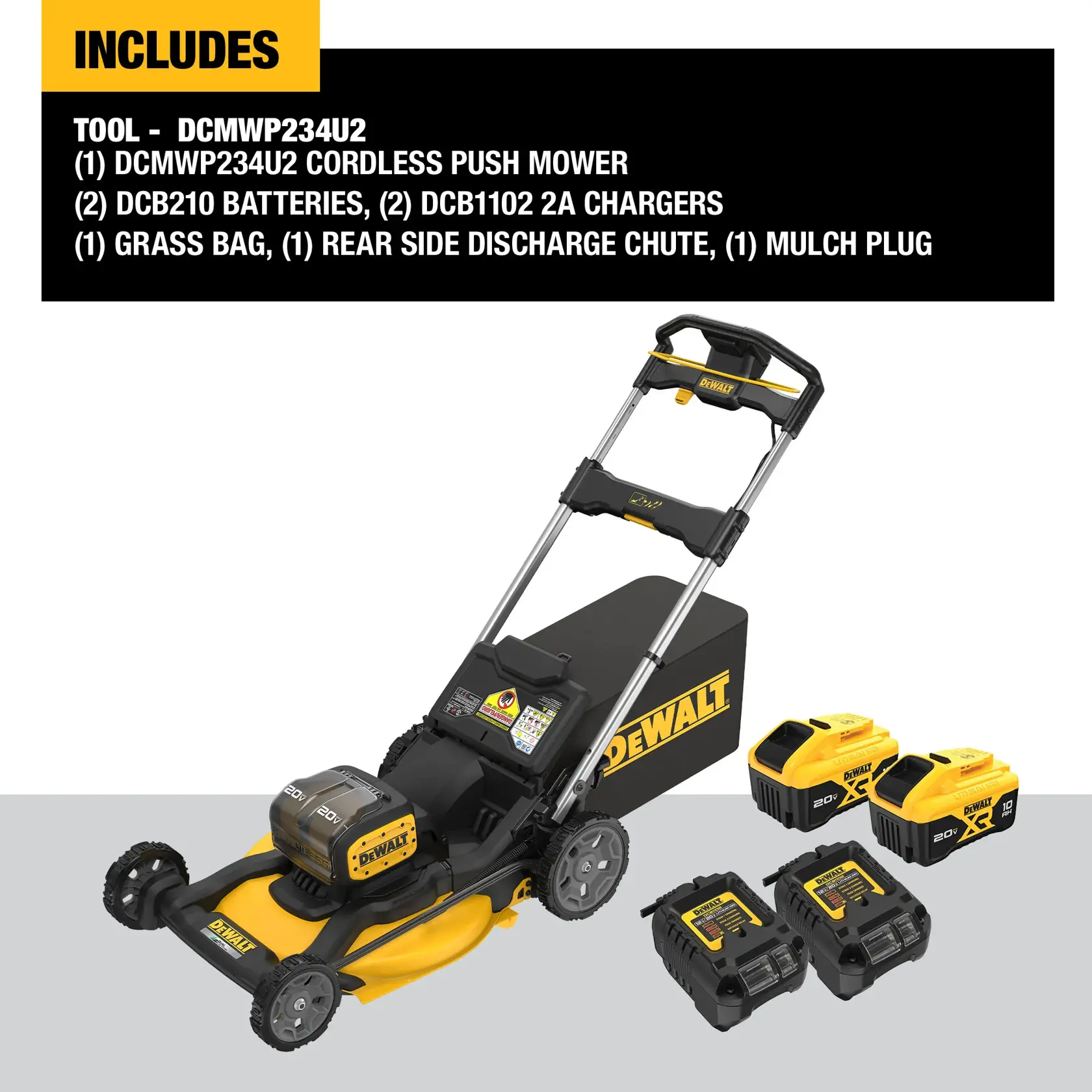DEWALT DCMWP234U2 cordless push mower set shown, including the mower, two DCB210 batteries, two DCB1102 2A chargers, a grass bag, a rear side discharge chute, and a mulch plug. All items are displayed together on a neutral background with product description text above.