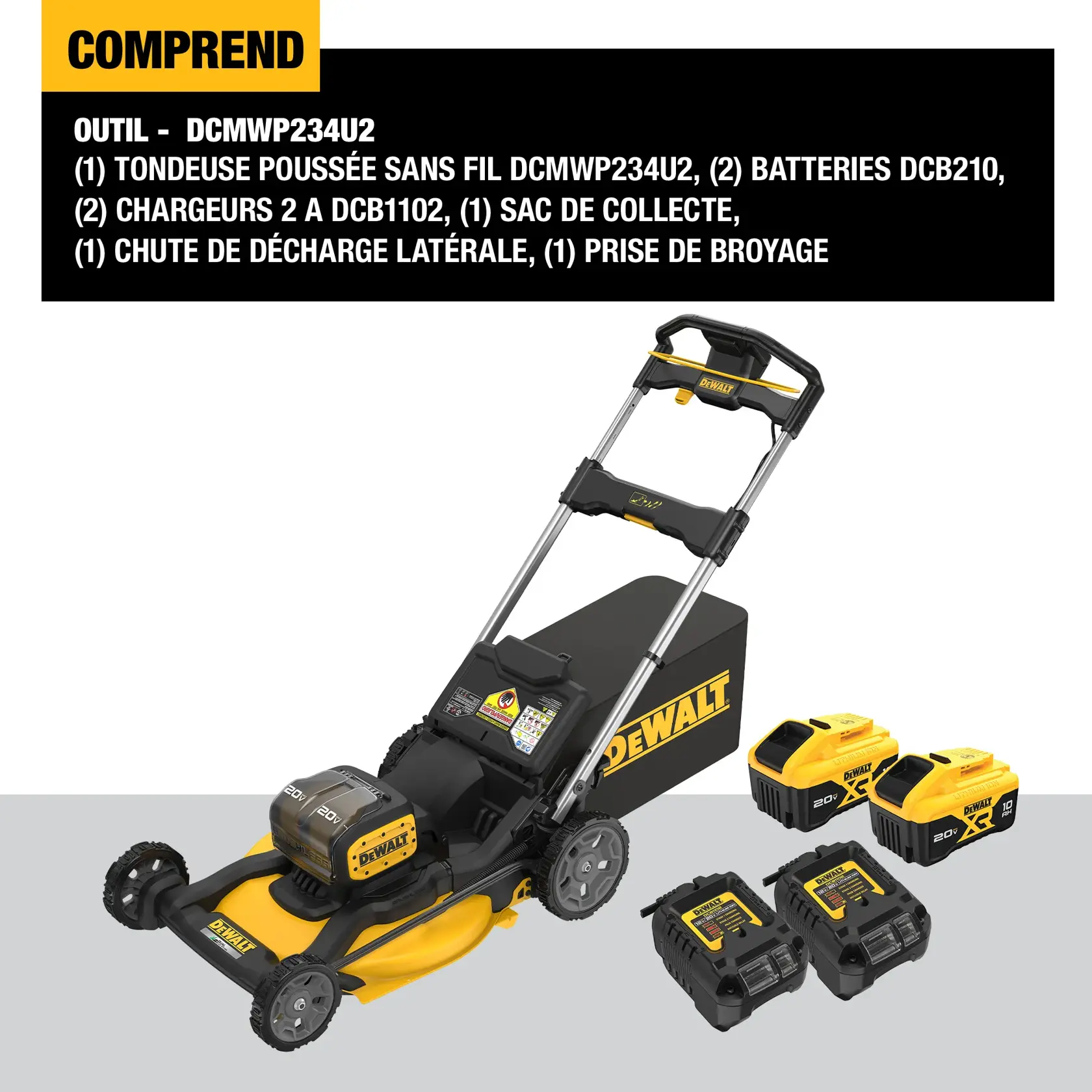 DEWALT DCMWP234U2 cordless push mower set shown, including the mower, two DCB210 batteries, two DCB1102 2A chargers, a grass bag, a rear side discharge chute, and a mulch plug. All items are displayed together on a neutral background with product description text above.